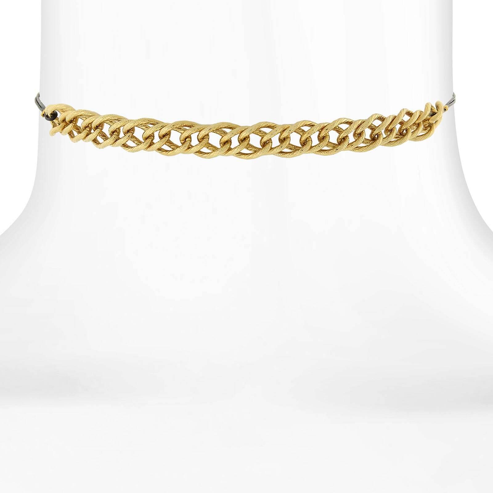 1928 Jewelry Gold Double Curb Chain Thin Leather Black Rope Choker Necklace 12" + 5" Extender