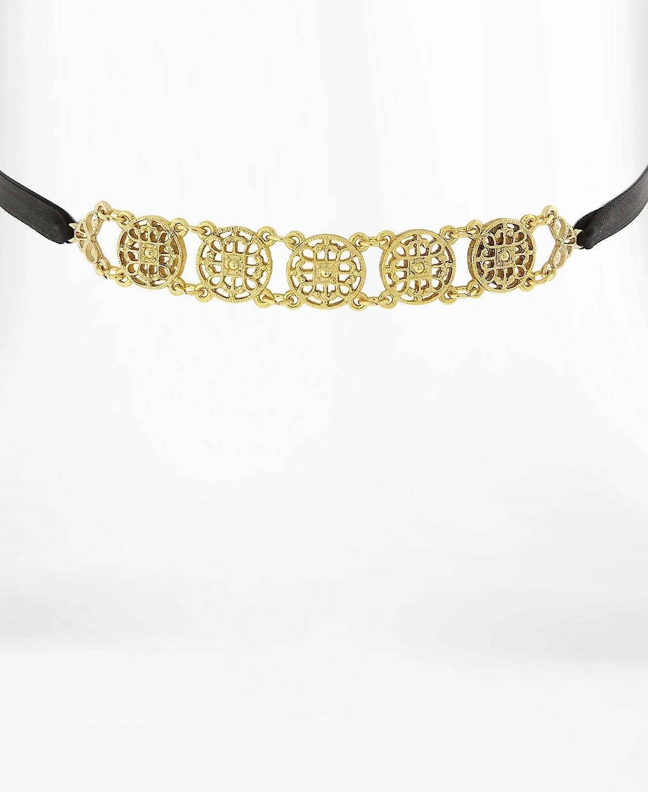 1928 Jewelry Gold Meso Round Intricate Filigree Black Rope Necklace 12" + 5" Extender