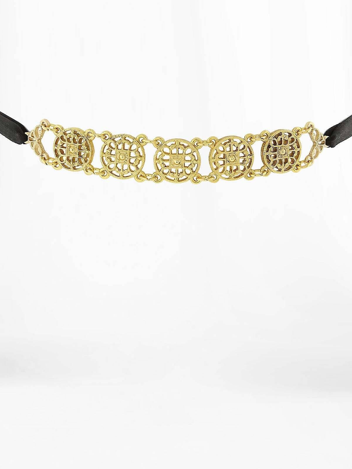 1928 Jewelry Gold Meso Round Intricate Filigree Black Rope Necklace 12" + 5" Extender