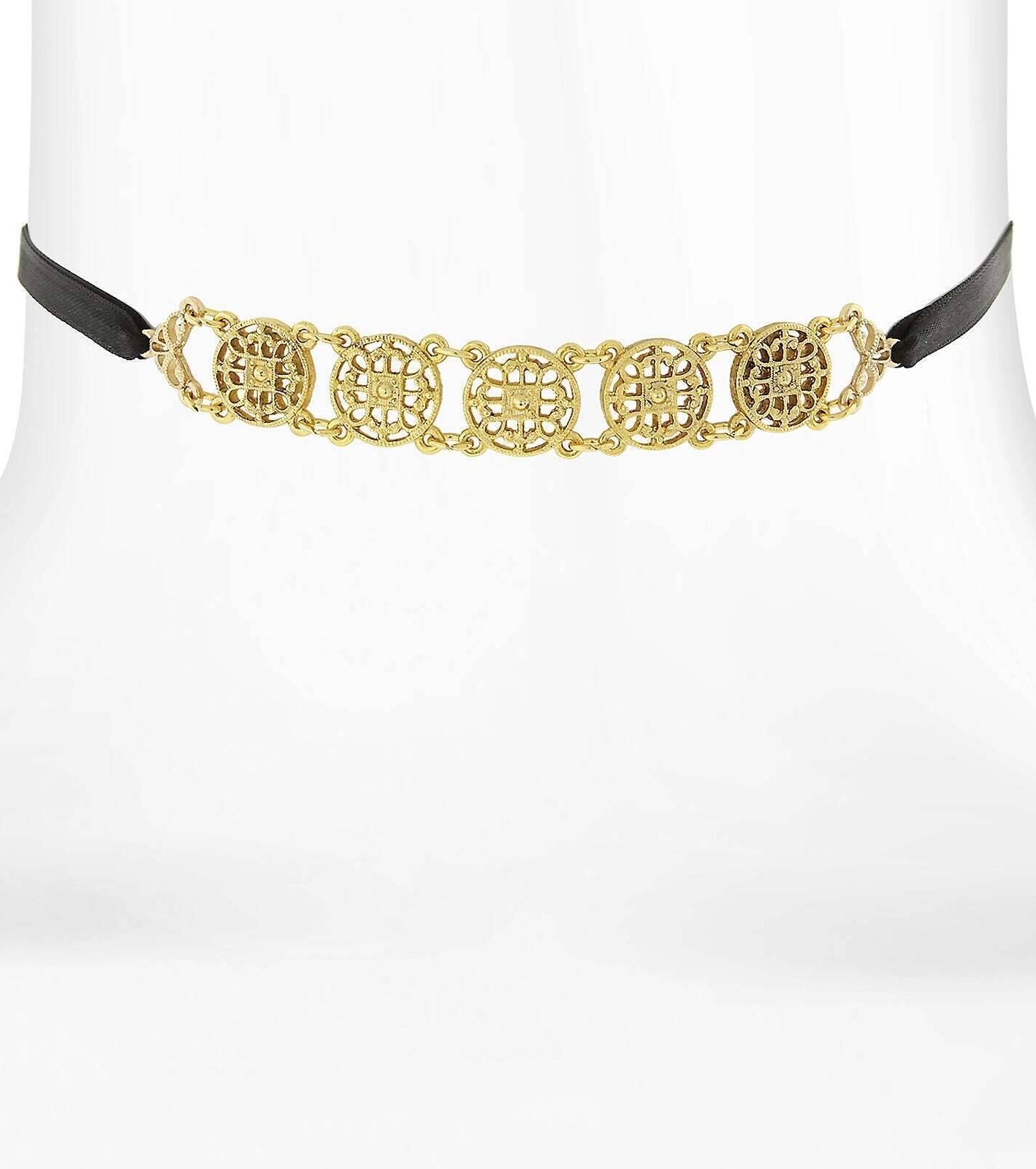 1928 Jewelry Gold Meso Round Intricate Filigree Black Rope Necklace 12" + 5" Extender