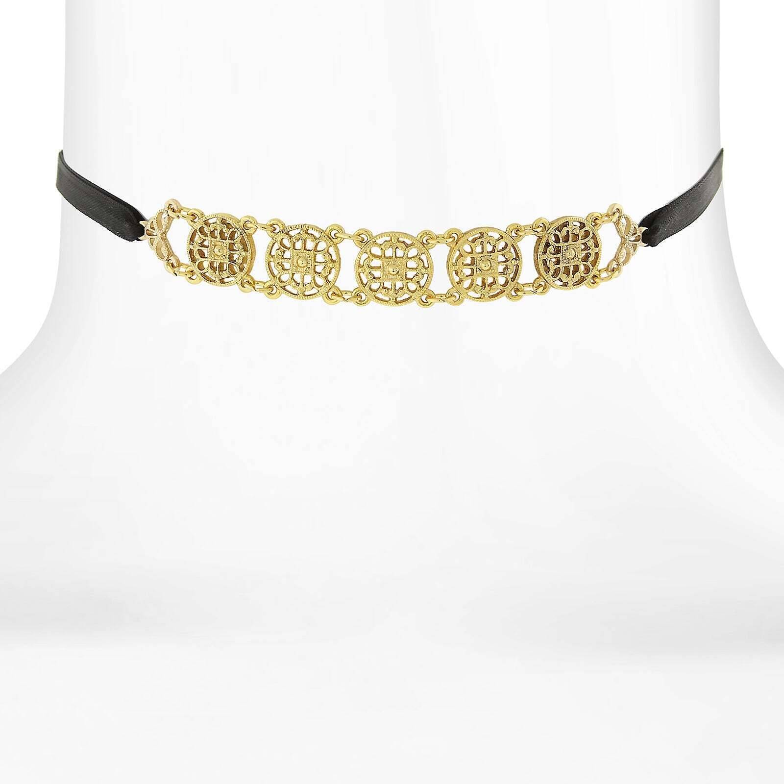 1928 Jewelry Gold Meso Round Intricate Filigree Black Rope Necklace 12" + 5" Extender