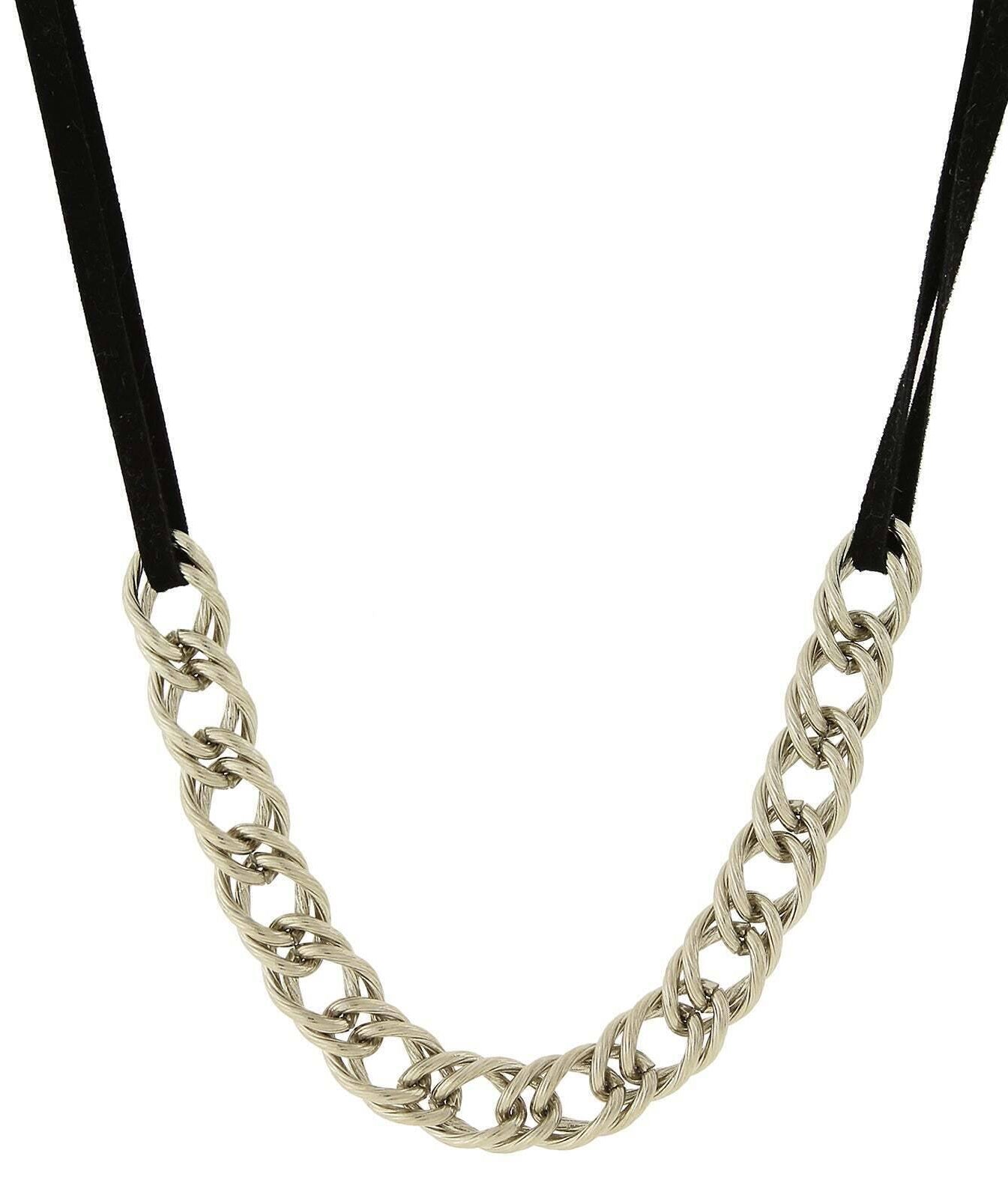 1928 Jewelry Silver Double Curb Chain Black Suede Necklace 16" + 3" Extender