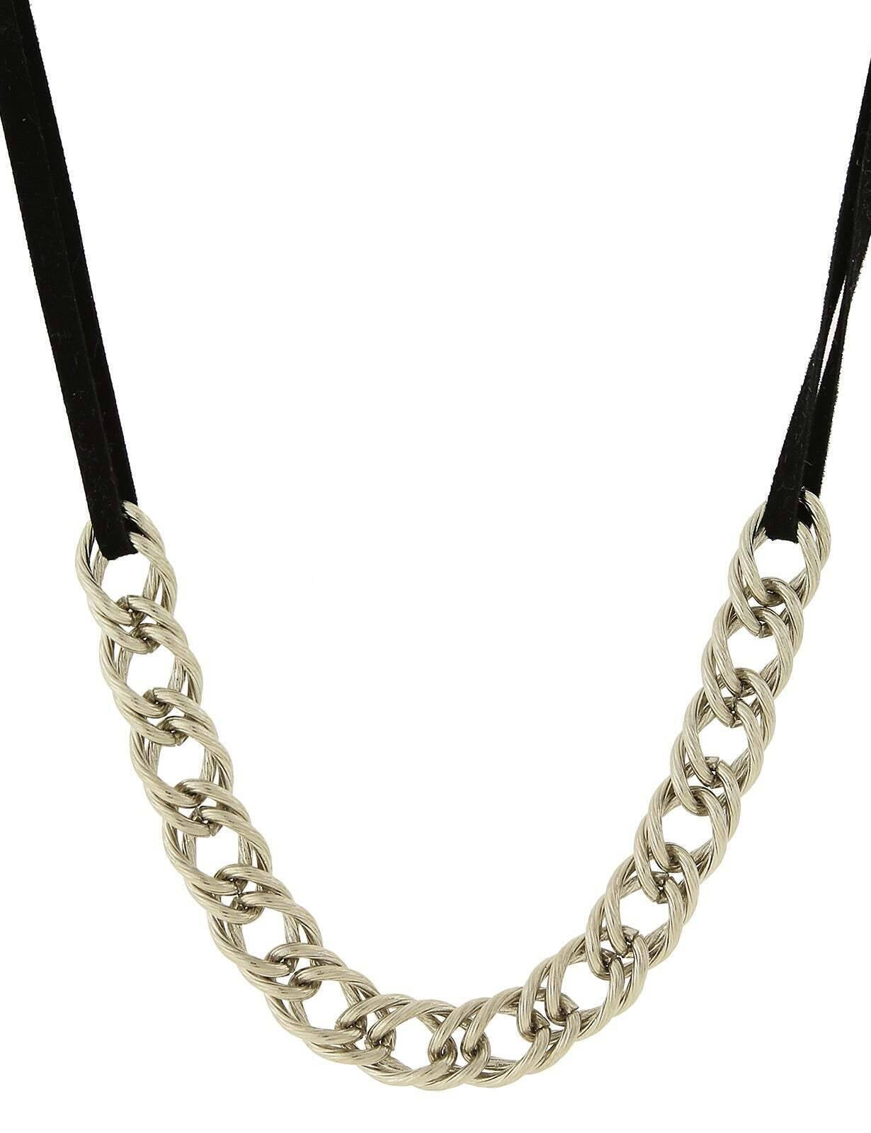 1928 Jewelry Silver Double Curb Chain Black Suede Necklace 16" + 3" Extender