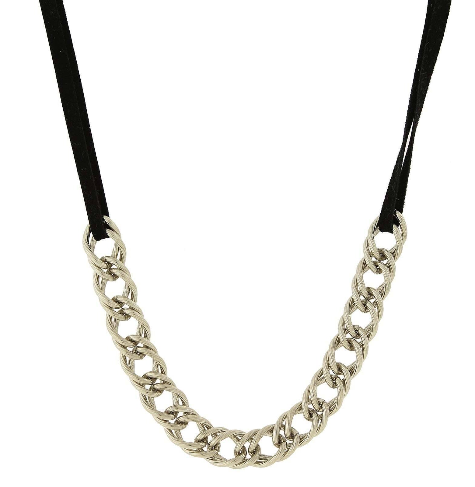 1928 Jewelry Silver Double Curb Chain Black Suede Necklace 16" + 3" Extender