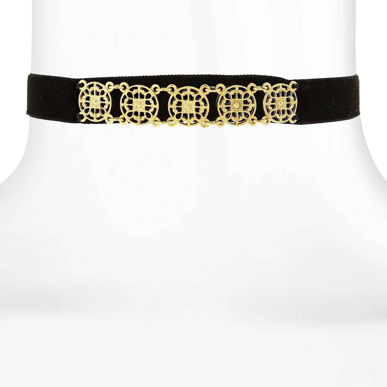 1928 Jewelry Gold Meso Round Intricate Filigree Black Grosgrain Ribbon Choker Necklace 12" + 5" Extender