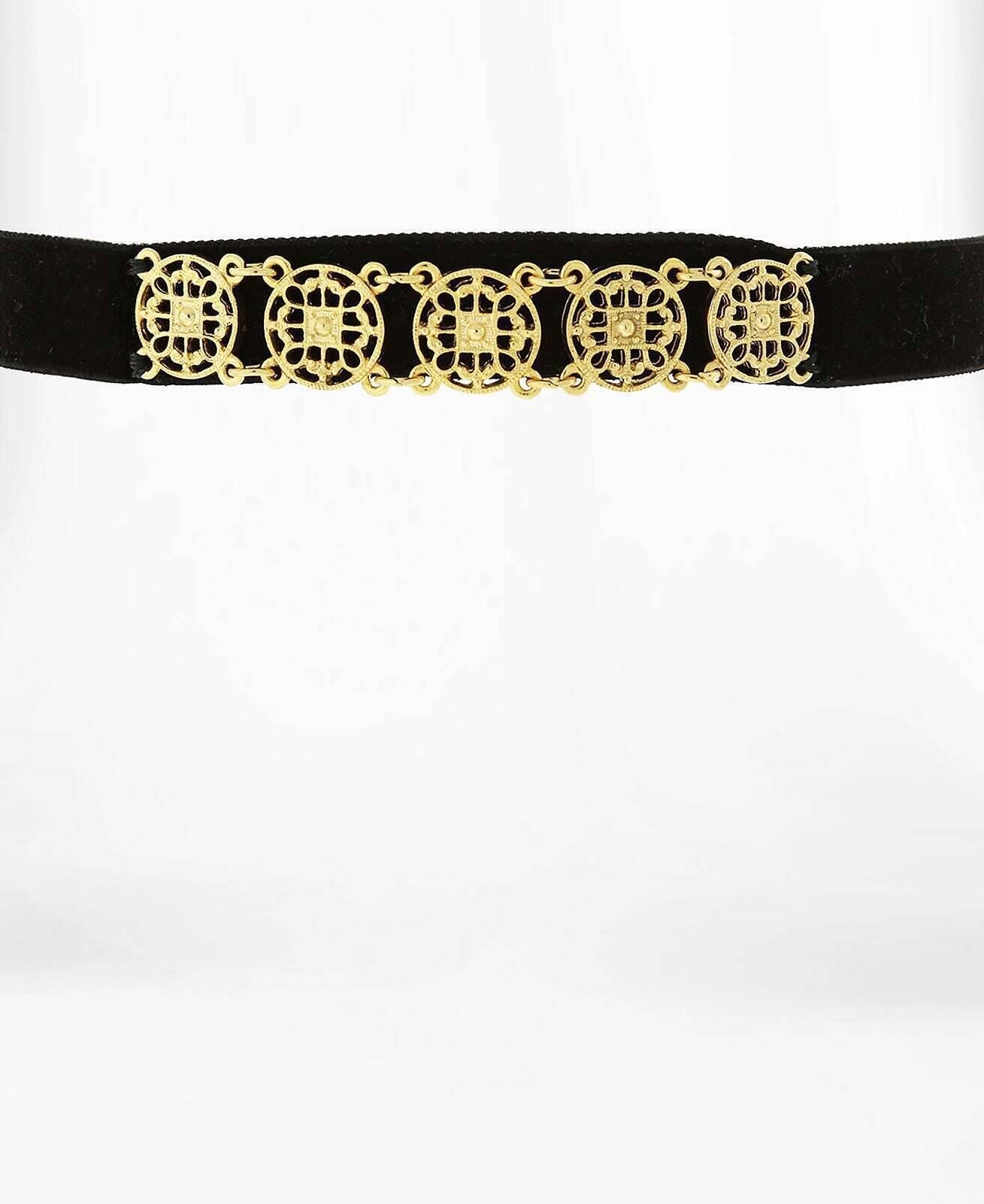1928 Jewelry Gold Meso Round Intricate Filigree Black Grosgrain Ribbon Choker Necklace 12" + 5" Extender