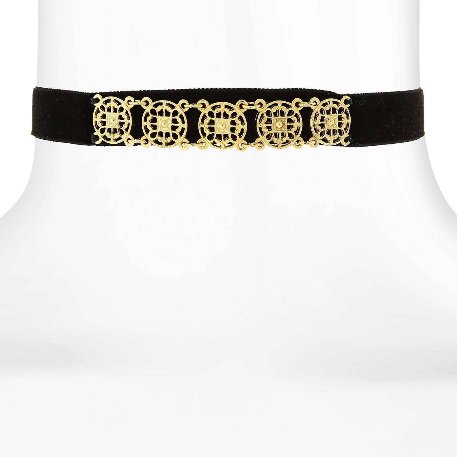 1928 Jewelry Gold Meso Round Intricate Filigree Black Grosgrain Ribbon Choker Necklace 12" + 5" Extender