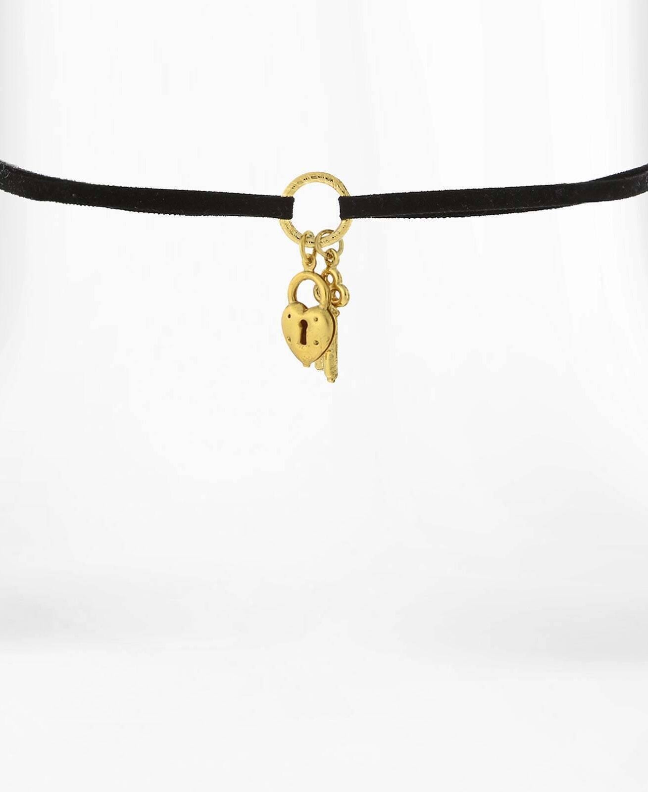 1928 Jewelry Gold Heart And Key Charm Black Suede Choker Necklace 12" + 5" Extender