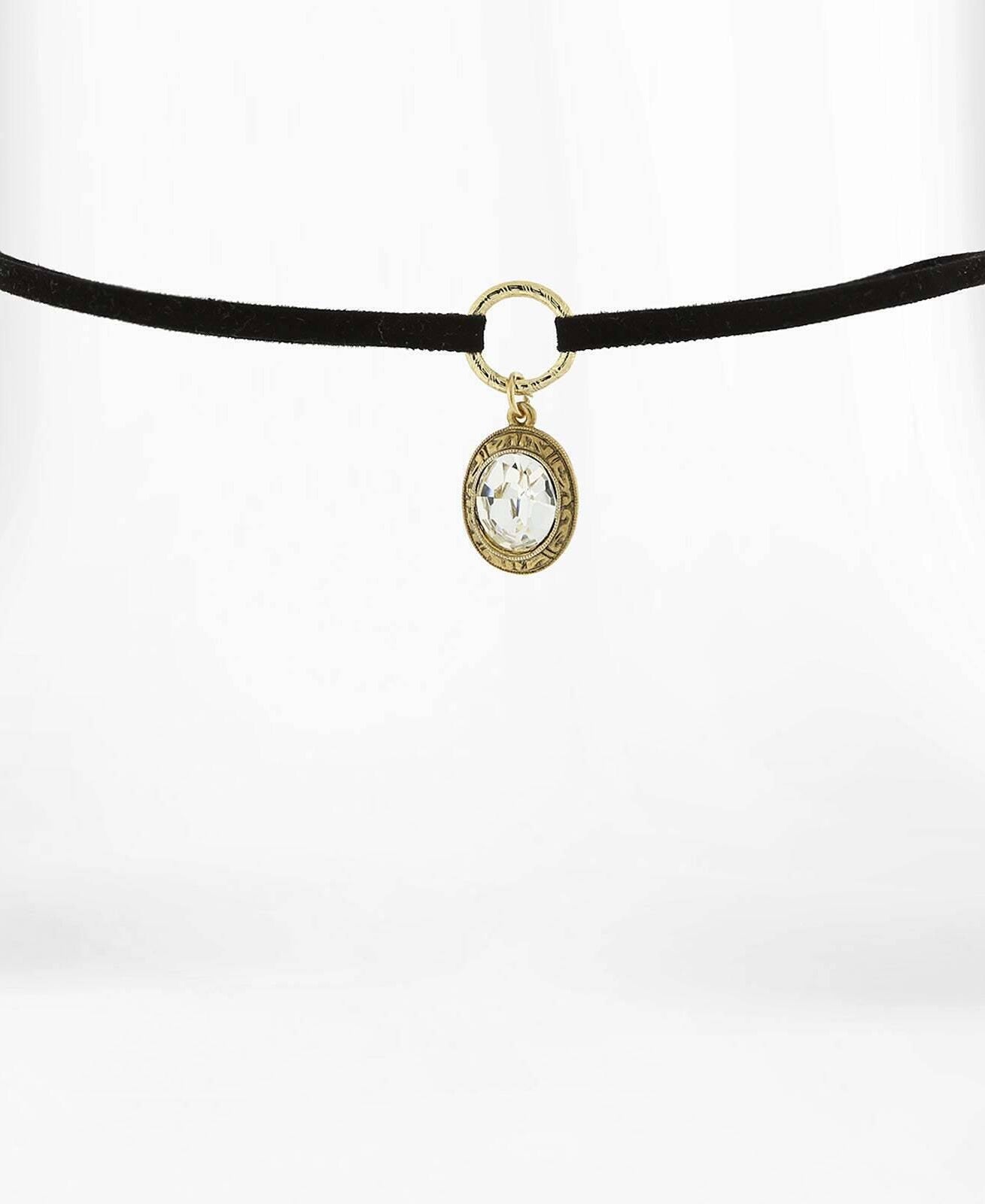 1928 Jewelry Oval Austrian Crystal Pendant Black Suede Choker Necklace 12" + 5" Extender