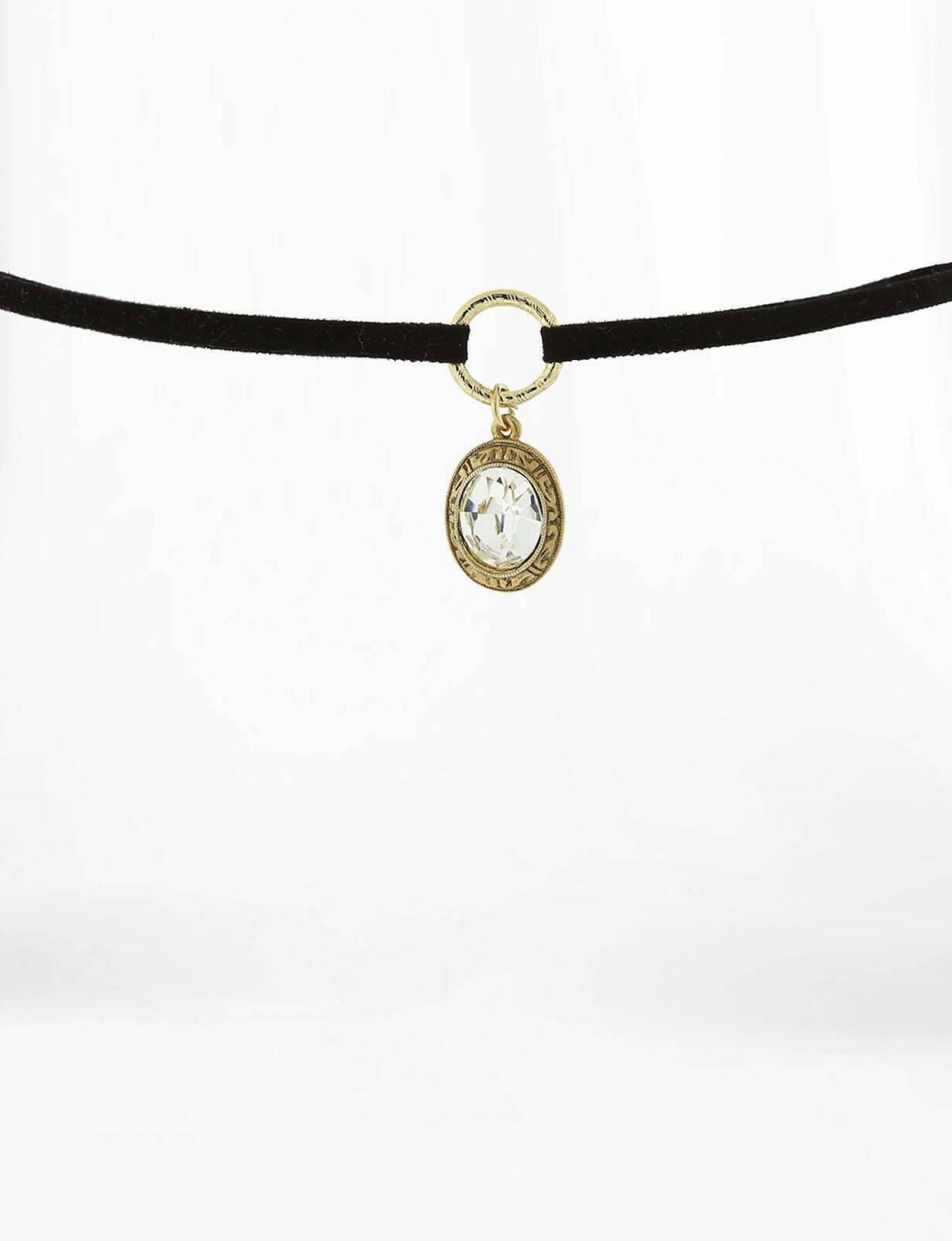 1928 Jewelry Oval Austrian Crystal Pendant Black Suede Choker Necklace 12" + 5" Extender