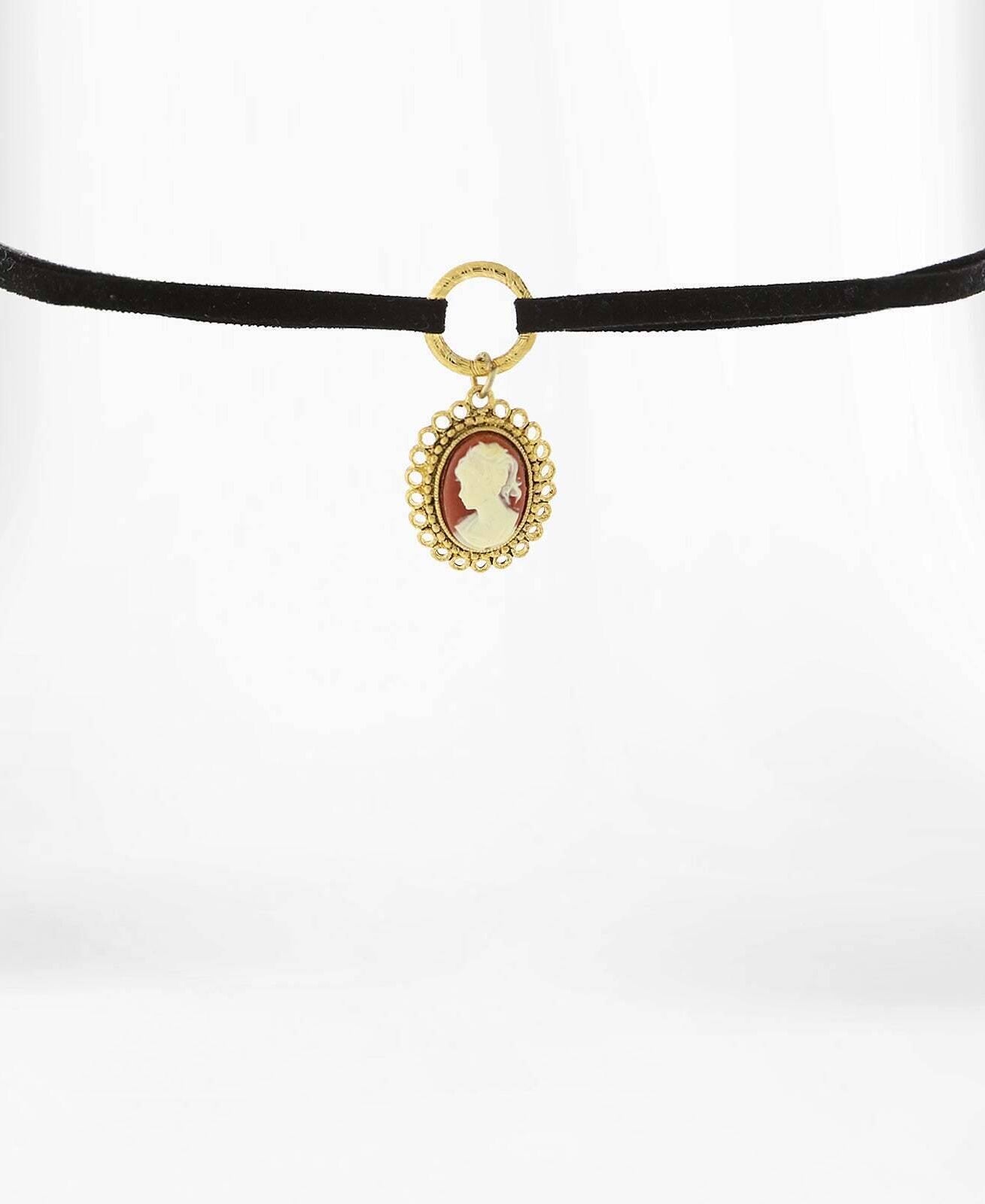 1928 Jewelry Black Suede Choker Oval Carnelian Cameo Drop Pendant Necklace 12" + 5" Extender