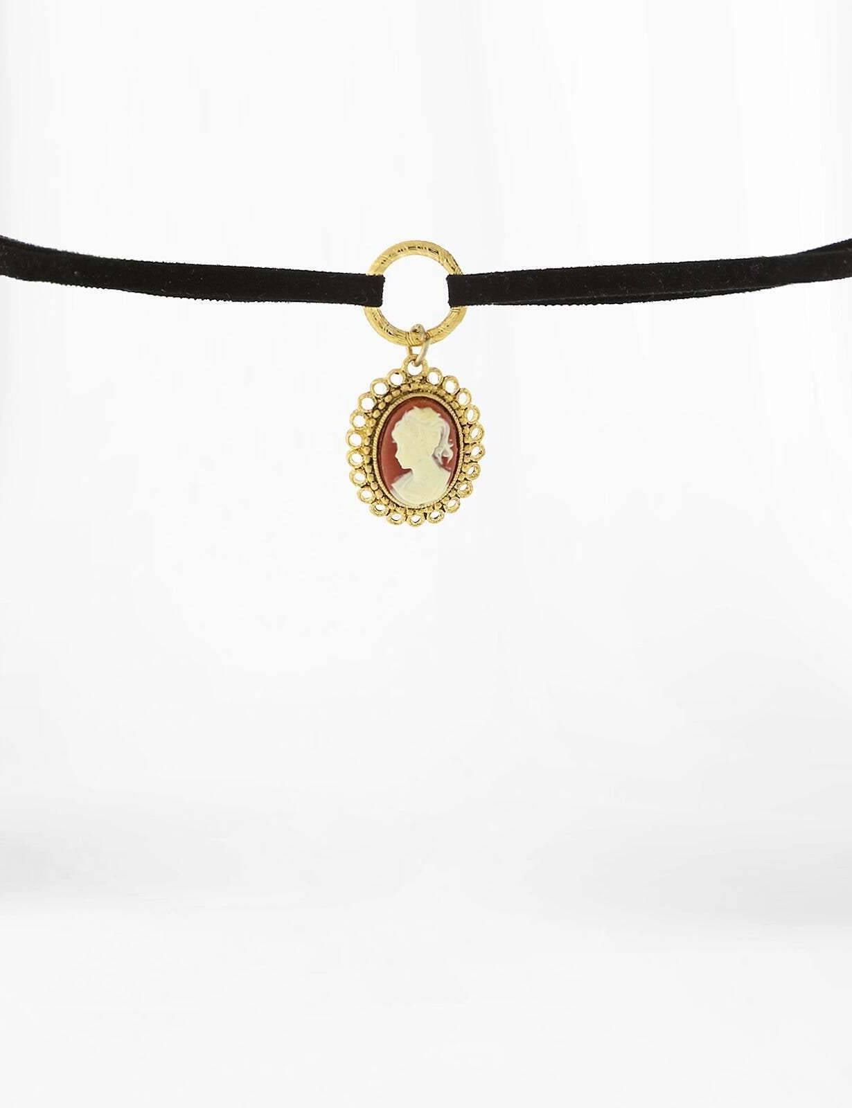1928 Jewelry Black Suede Choker Oval Carnelian Cameo Drop Pendant Necklace 12" + 5" Extender