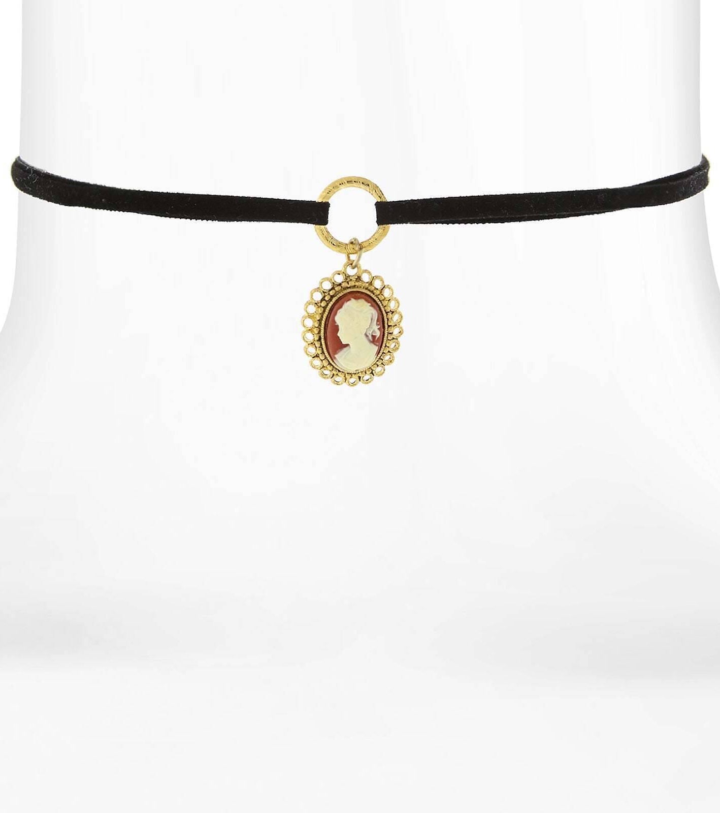 1928 Jewelry Black Suede Choker Oval Carnelian Cameo Drop Pendant Necklace 12" + 5" Extender