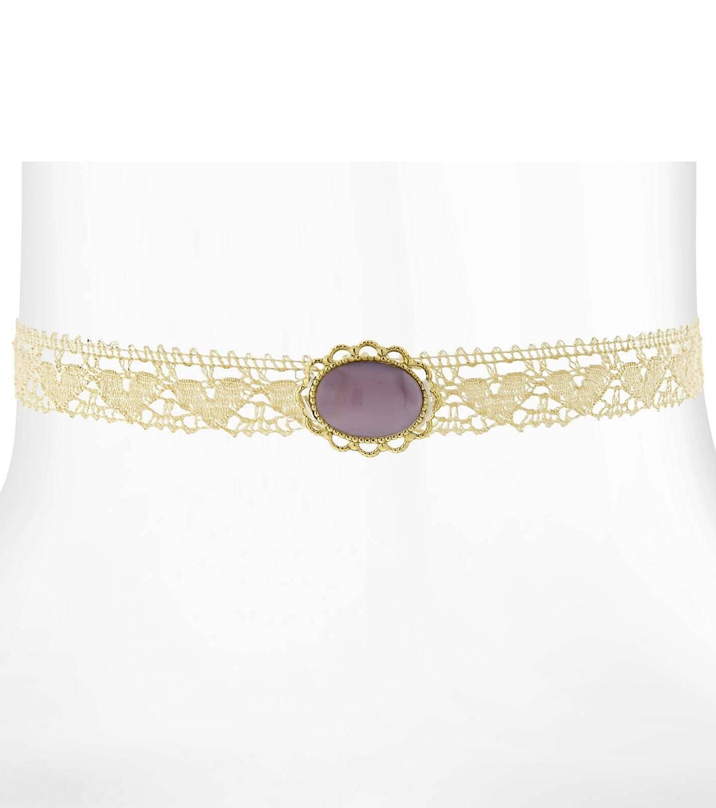 1928 Jewelry Ivory Heart Lace Choker With Moonstone Necklace 12" + 5" Extender