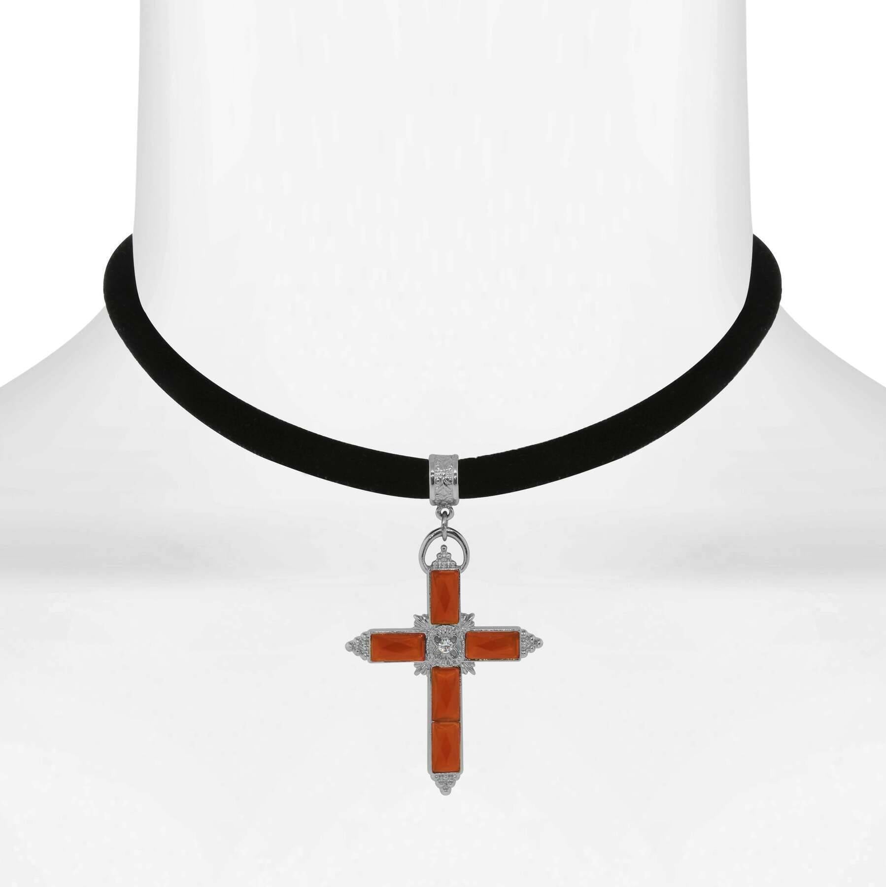 1928 Jewelry Austrian Carnelian Red Crystal Cross Black Velvet Choker Necklace 12" + 5" Extender