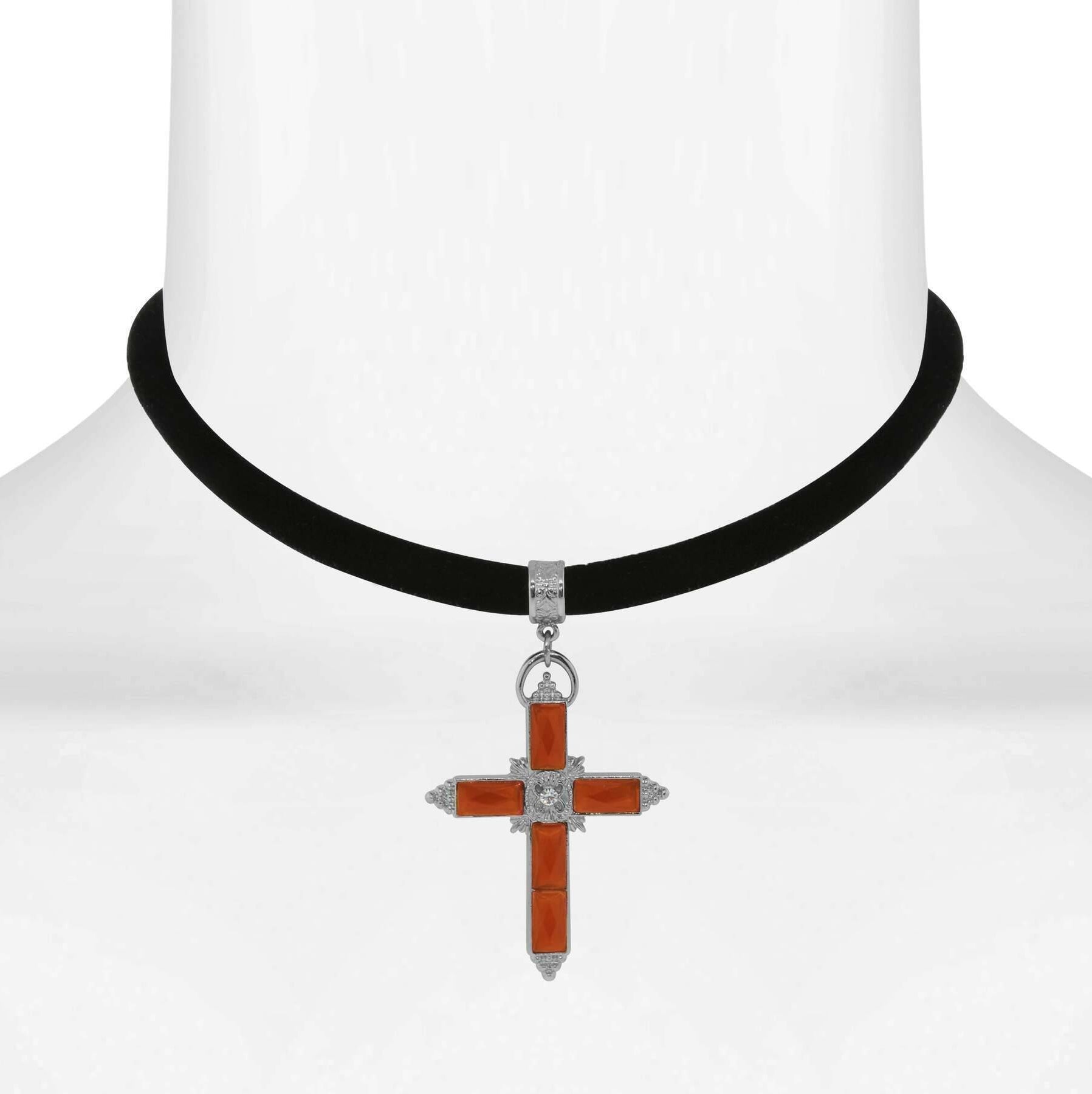 1928 Jewelry Austrian Carnelian Red Crystal Cross Black Velvet Choker Necklace 12" + 5" Extender