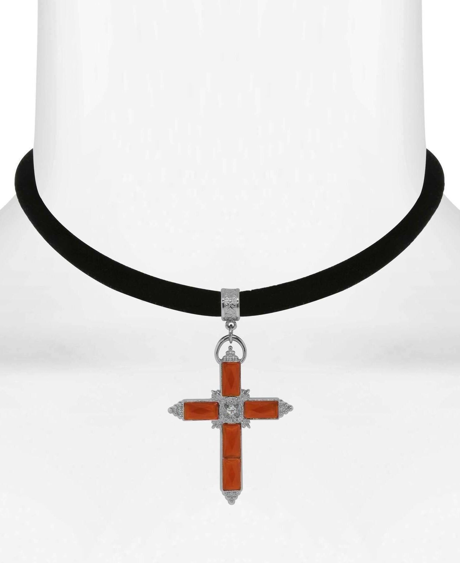1928 Jewelry Austrian Carnelian Red Crystal Cross Black Velvet Choker Necklace 12" + 5" Extender
