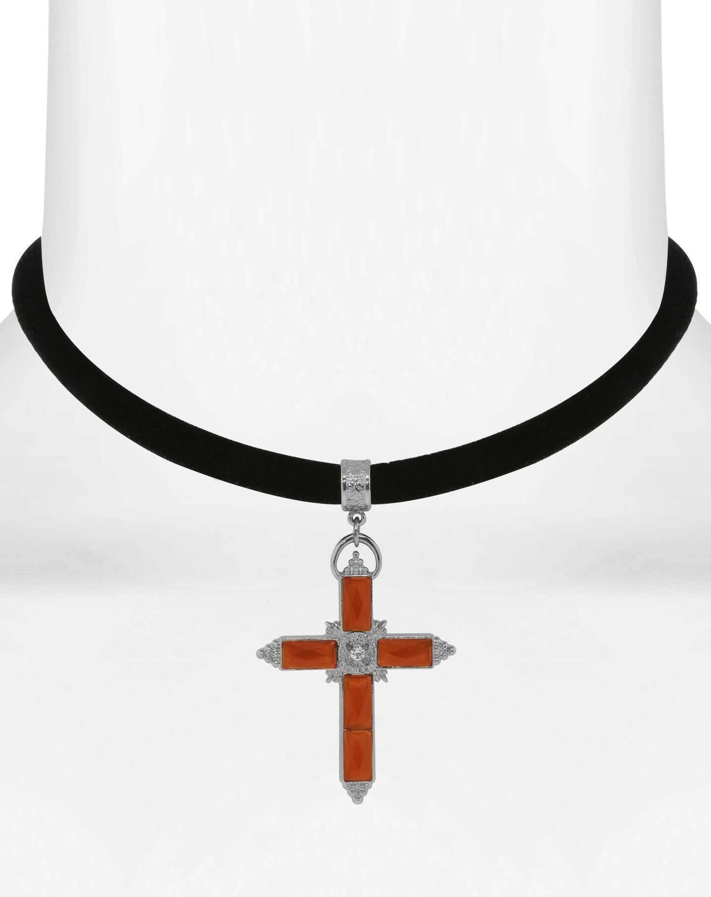 1928 Jewelry Austrian Carnelian Red Crystal Cross Black Velvet Choker Necklace 12" + 5" Extender