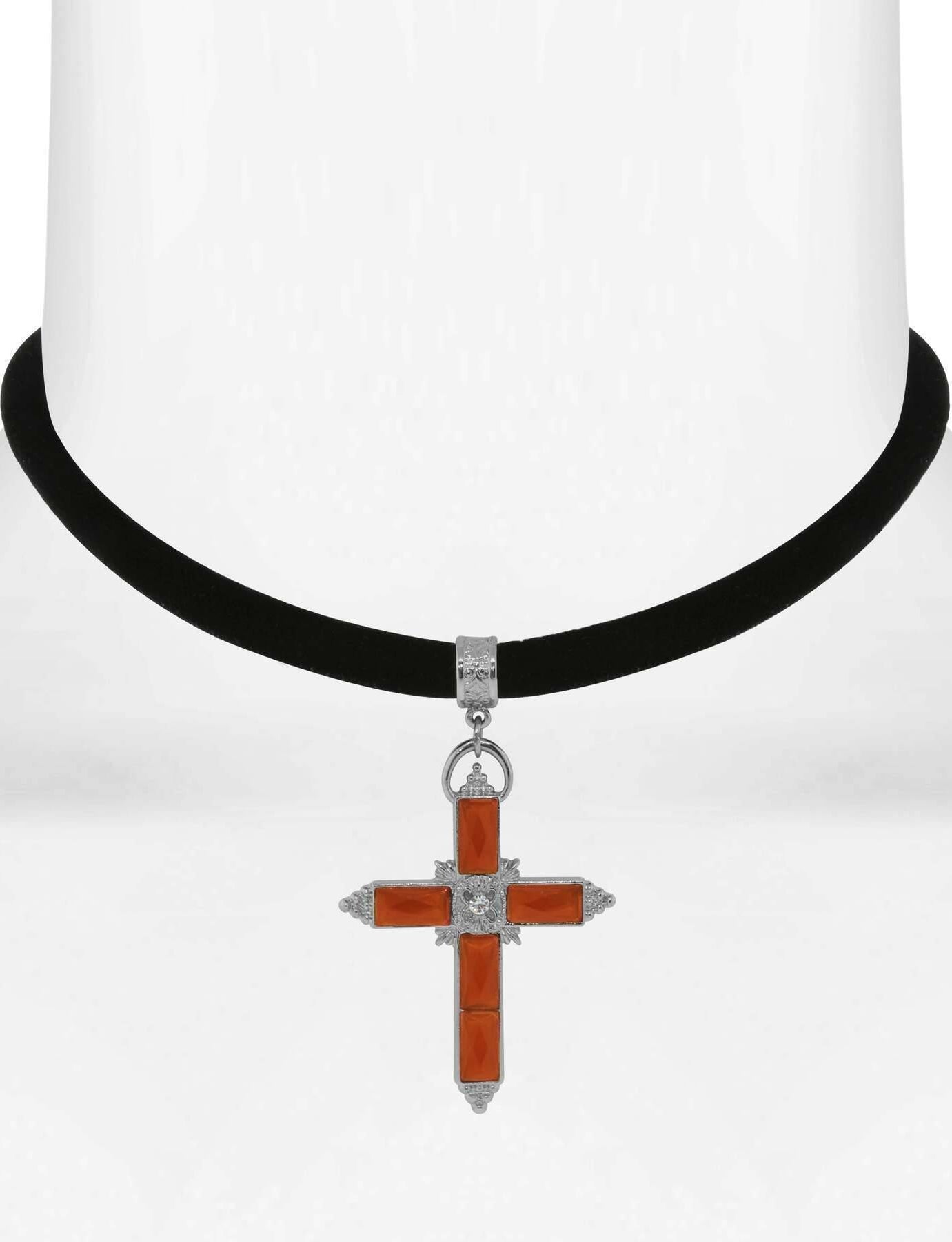 1928 Jewelry Austrian Carnelian Red Crystal Cross Black Velvet Choker Necklace 12" + 5" Extender