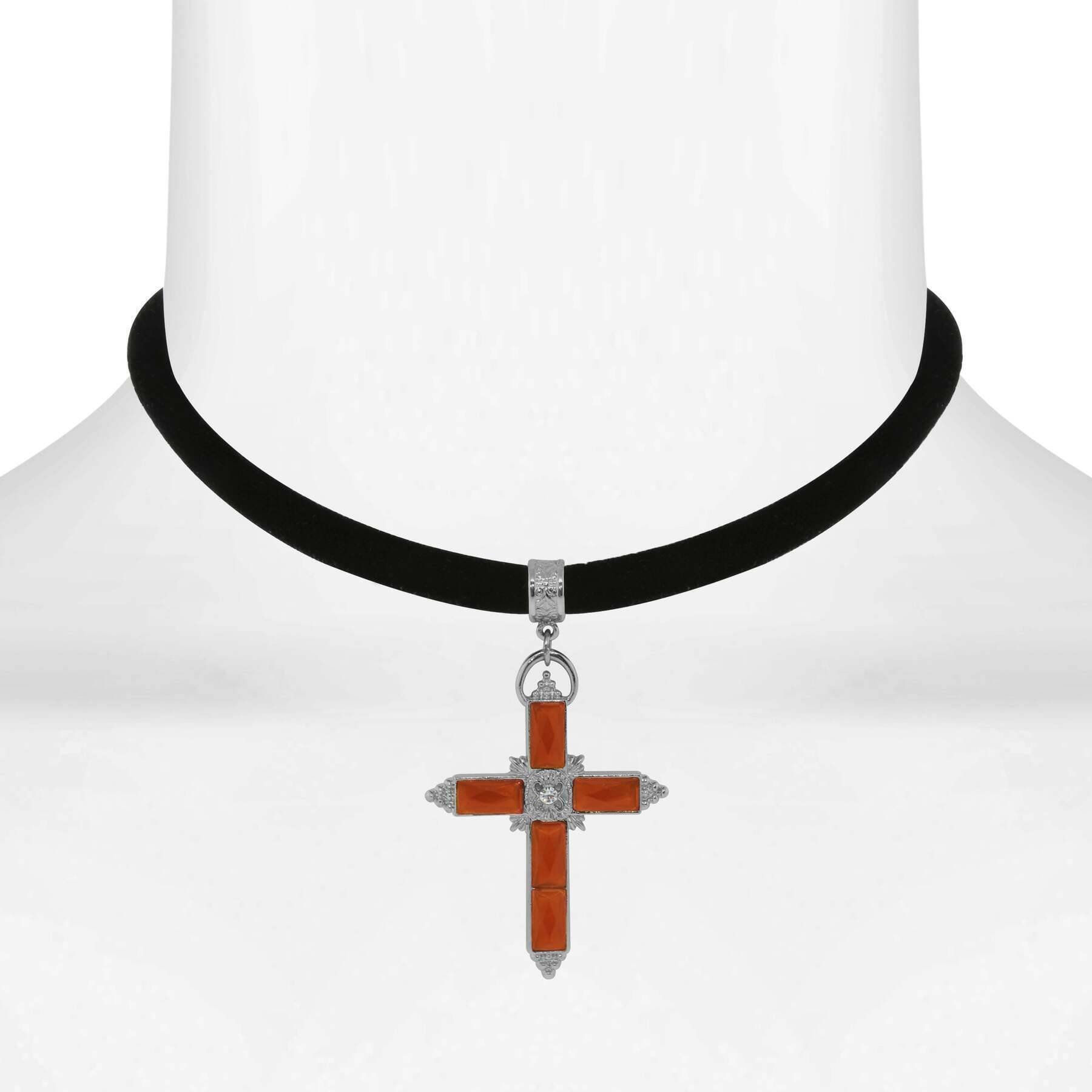 1928 Jewelry Austrian Carnelian Red Crystal Cross Black Velvet Choker Necklace 12" + 5" Extender