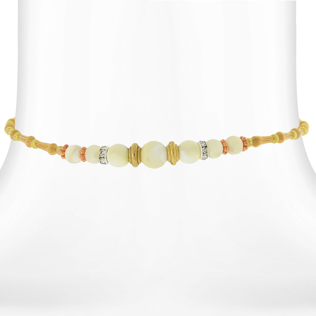 Brass Costume Mother Of Pearl And Crystal Accent Coil Choker Necklace 15 In