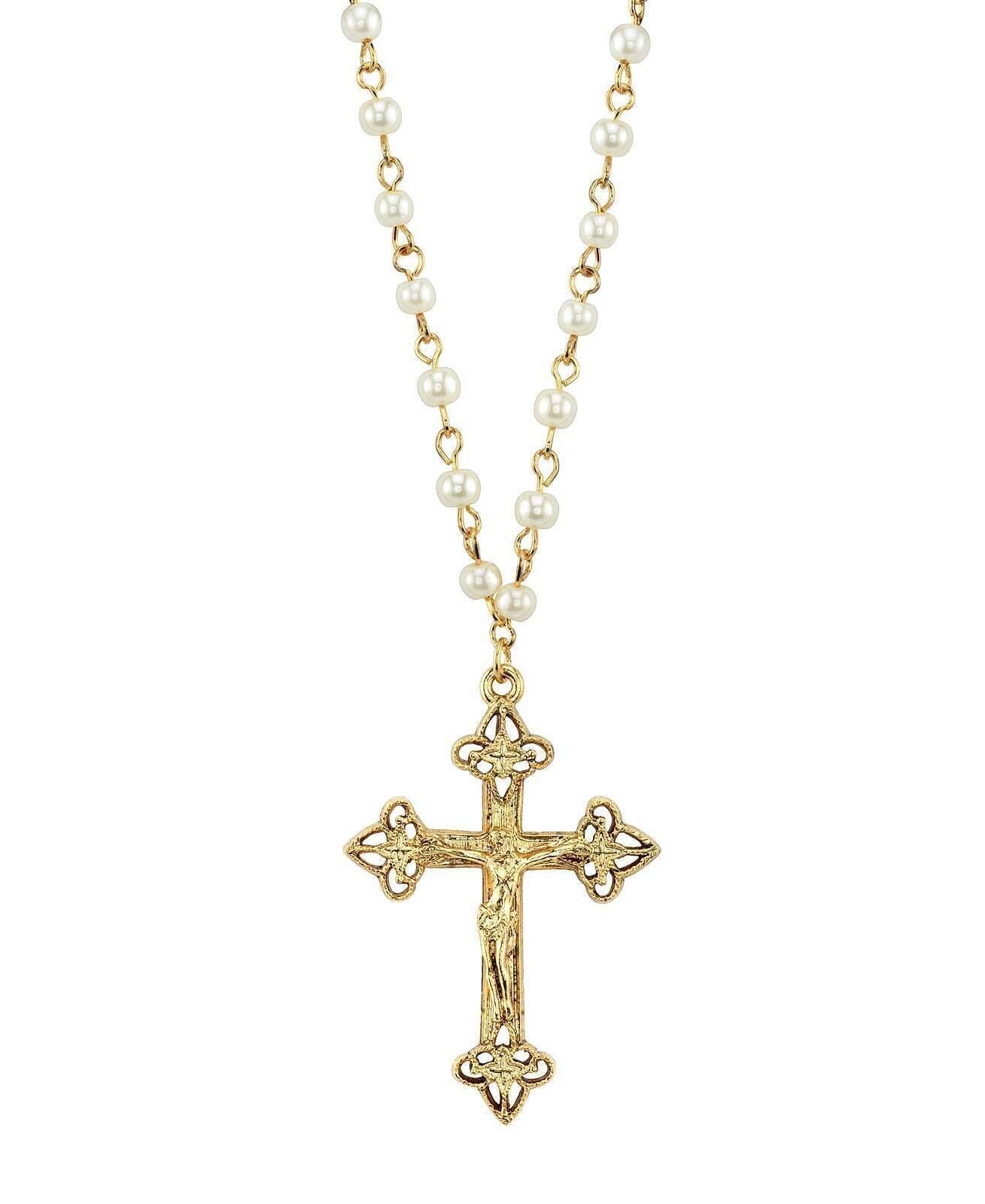 1928 Jewelry 4mm Faux Pearl Chain Gold Crucifix Cross Pendant Necklace 16" + 3" Extender