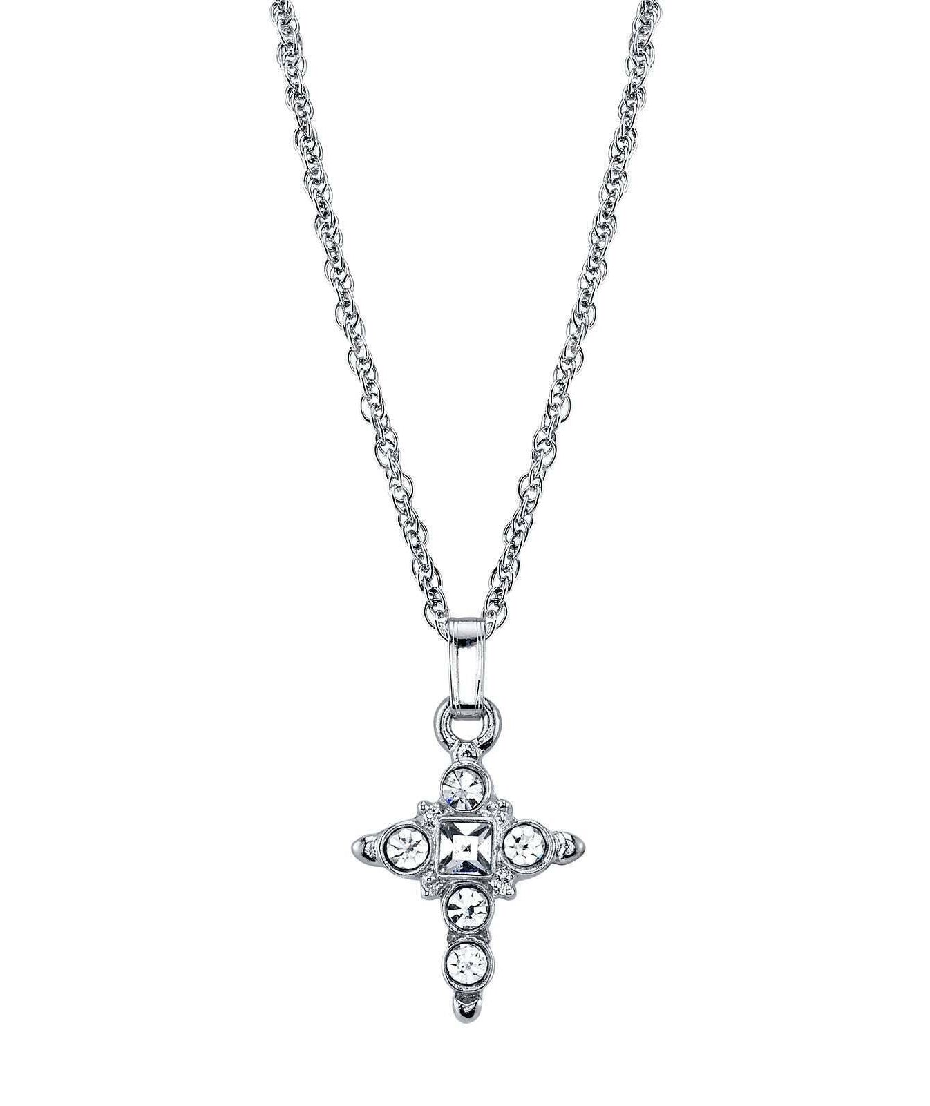 1928 Jewelry Clear Crystal Cross Pendant Necklace 16" + 3" Extender