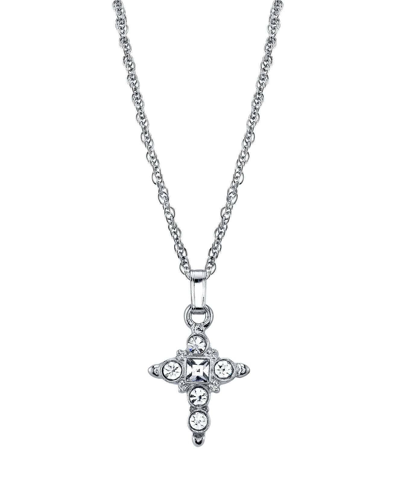 1928 Jewelry Clear Crystal Cross Pendant Necklace 16" + 3" Extender