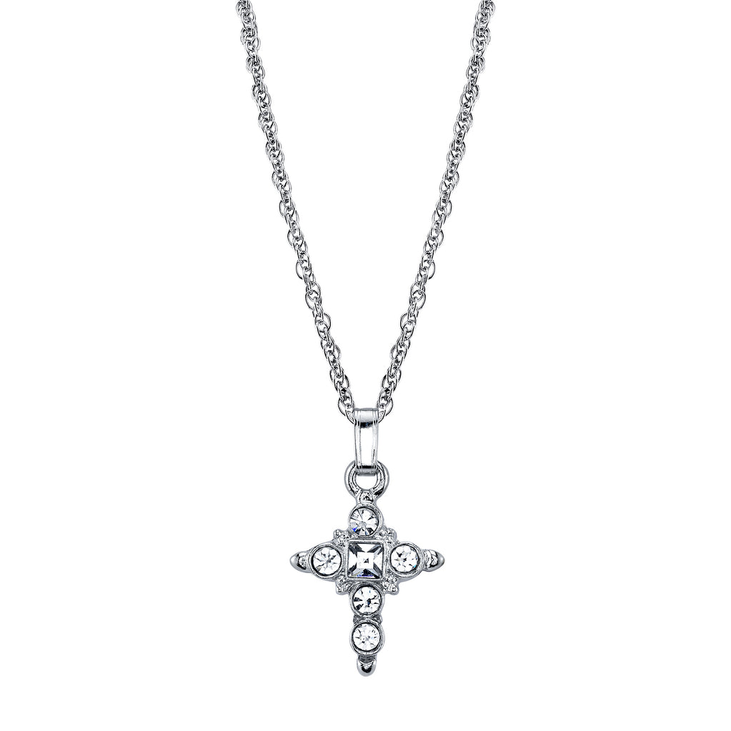 Silver Tone Clear Crystal Cross Pendant Necklace 16   19 Inch Adjustable