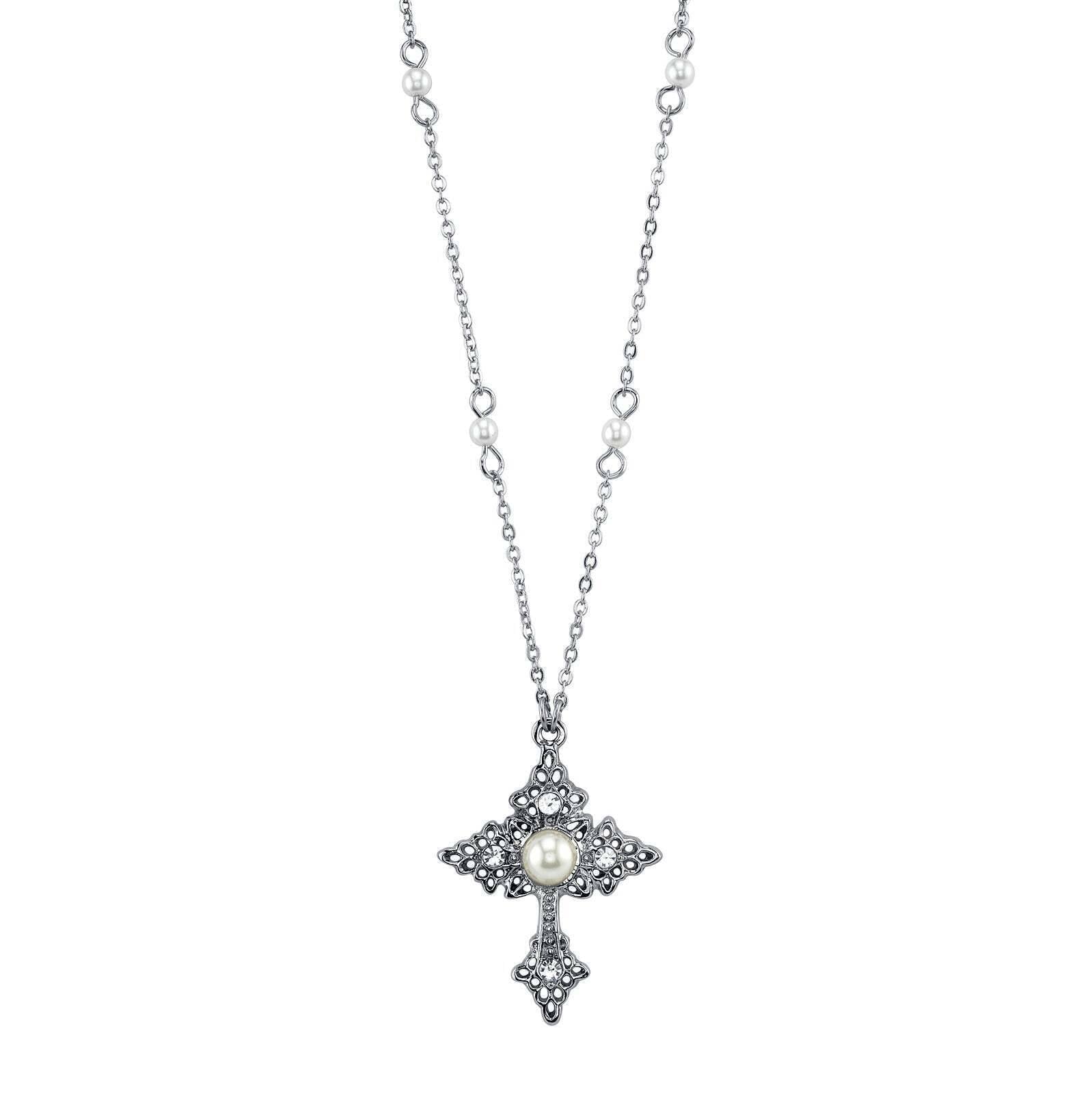 1928 Jewelry Filigree Cross With Faux Pearl Crystal Accent Pendant Necklace 16" + 3" Extender