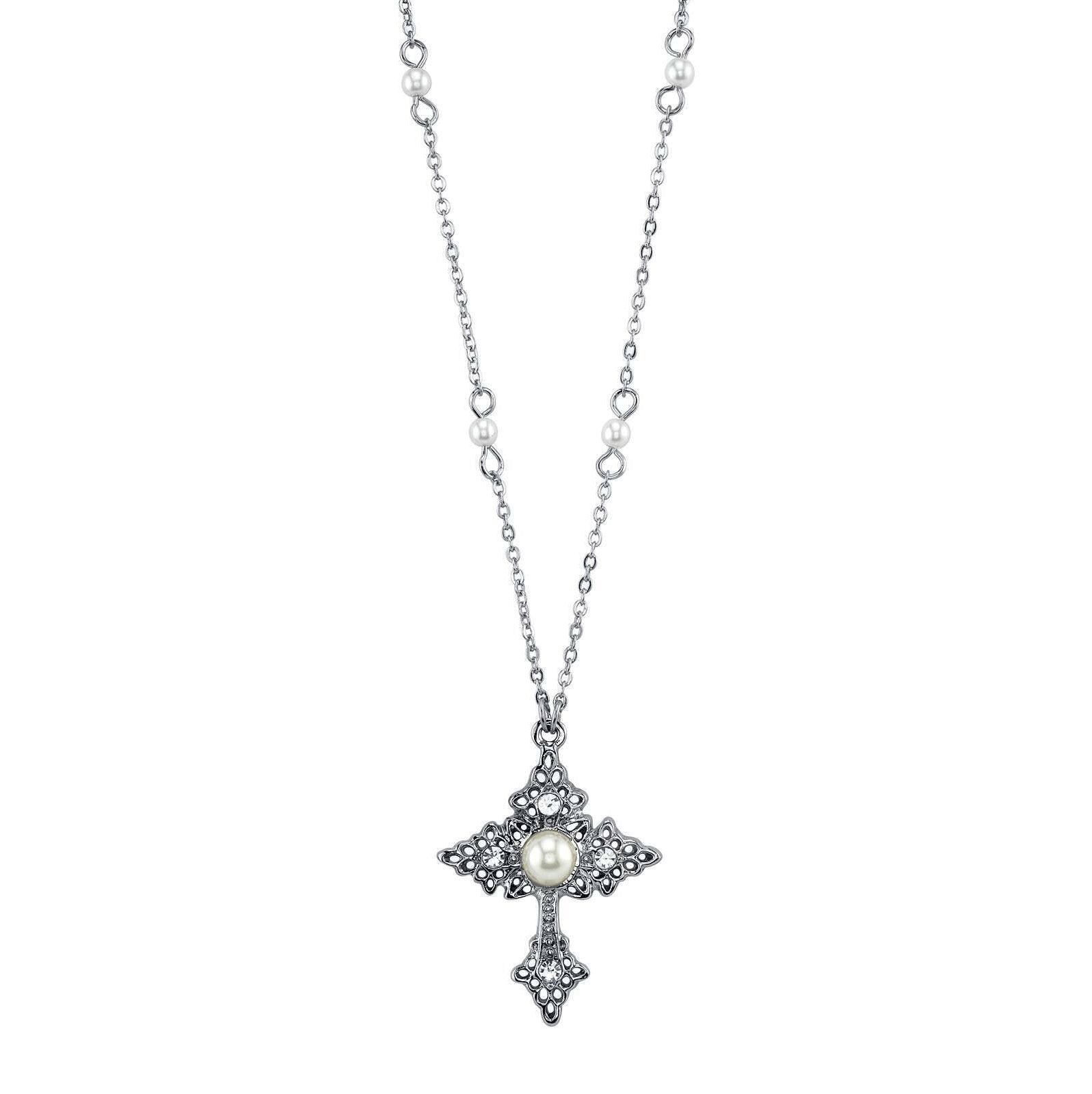1928 Jewelry Filigree Cross With Faux Pearl Crystal Accent Pendant Necklace 16" + 3" Extender