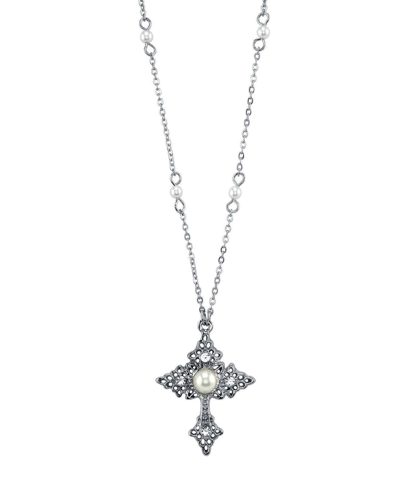 1928 Jewelry Filigree Cross With Faux Pearl Crystal Accent Pendant Necklace 16" + 3" Extender