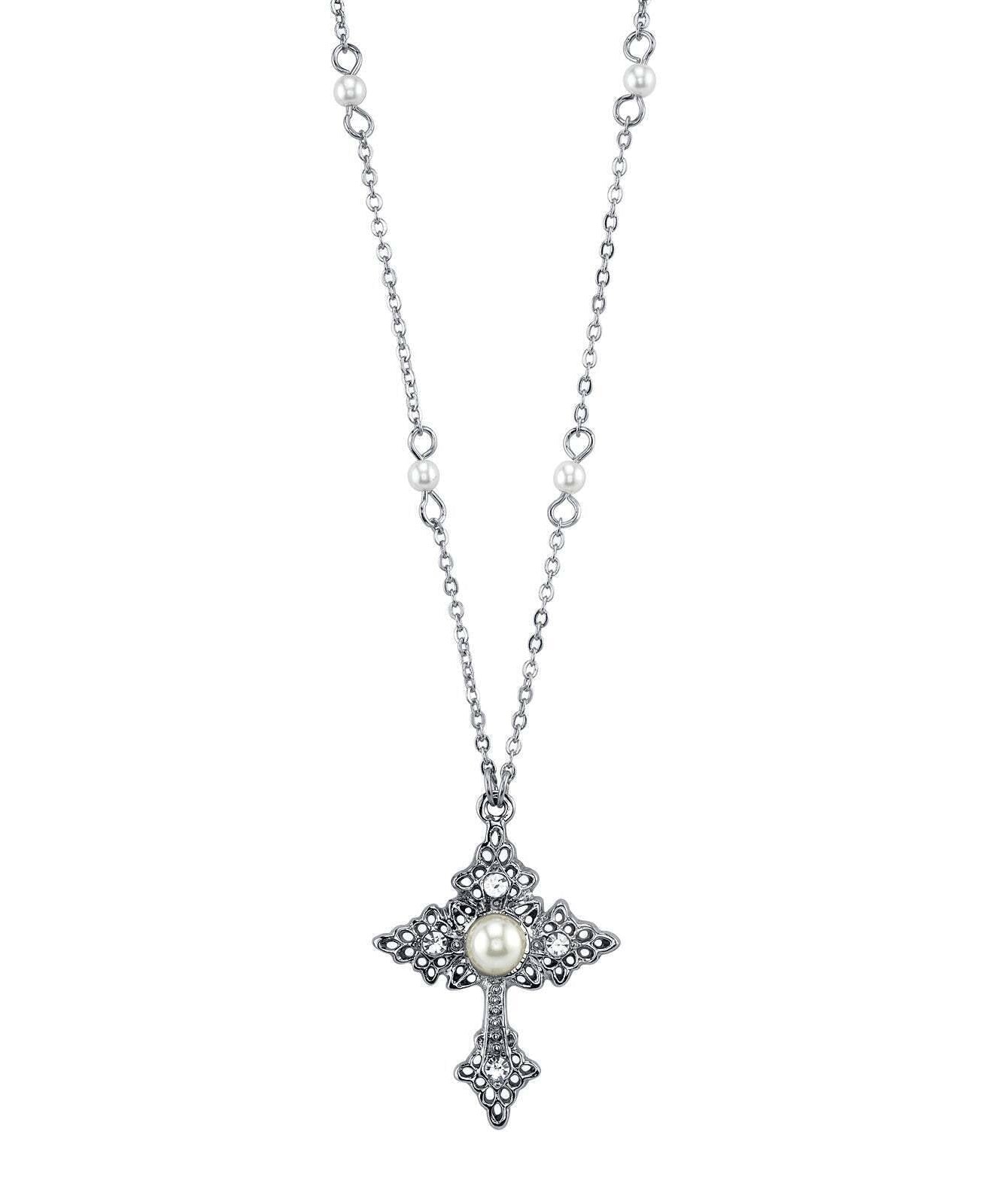 1928 Jewelry Filigree Cross With Faux Pearl Crystal Accent Pendant Necklace 16" + 3" Extender