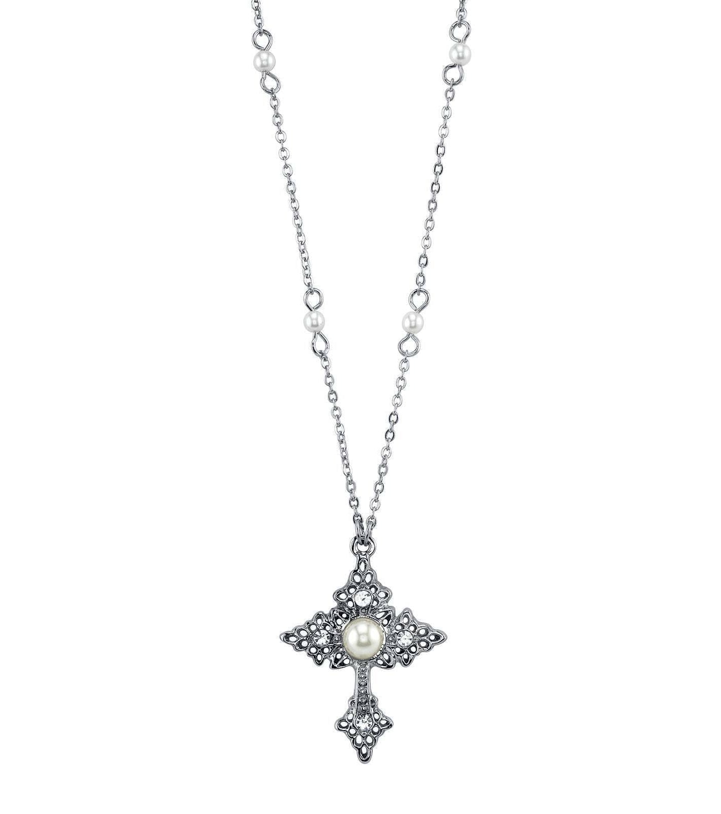 1928 Jewelry Filigree Cross With Faux Pearl Crystal Accent Pendant Necklace 16" + 3" Extender