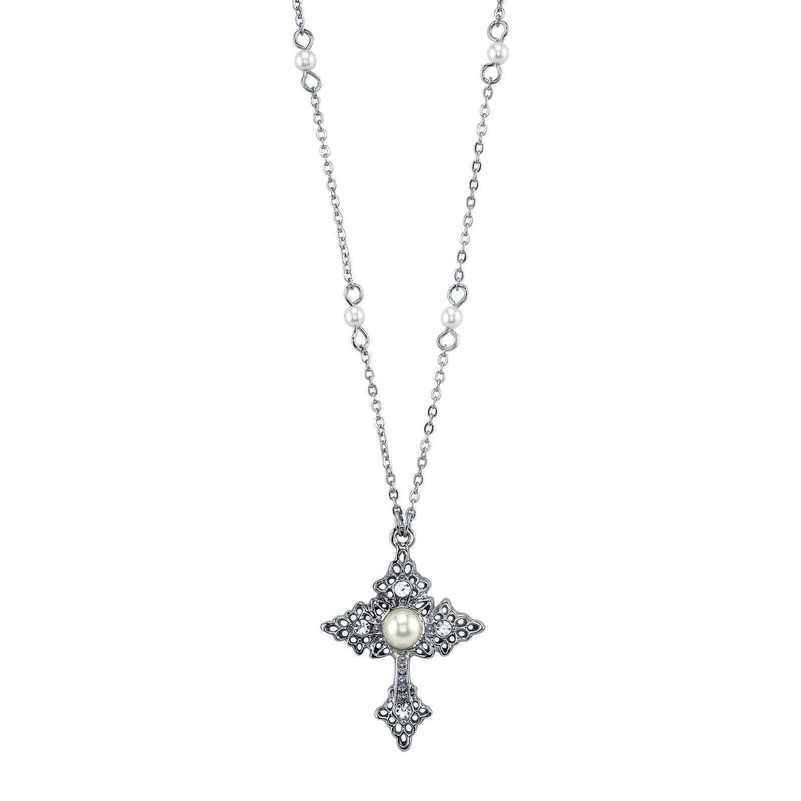 1928 Jewelry Filigree Cross With Faux Pearl Crystal Accent Pendant Necklace 16" + 3" Extender