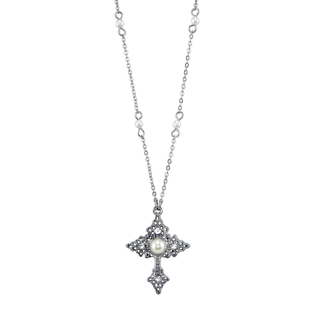 Filigree Cross With Faux Pearl Crystal Accent Necklace 16" + 3" Extender