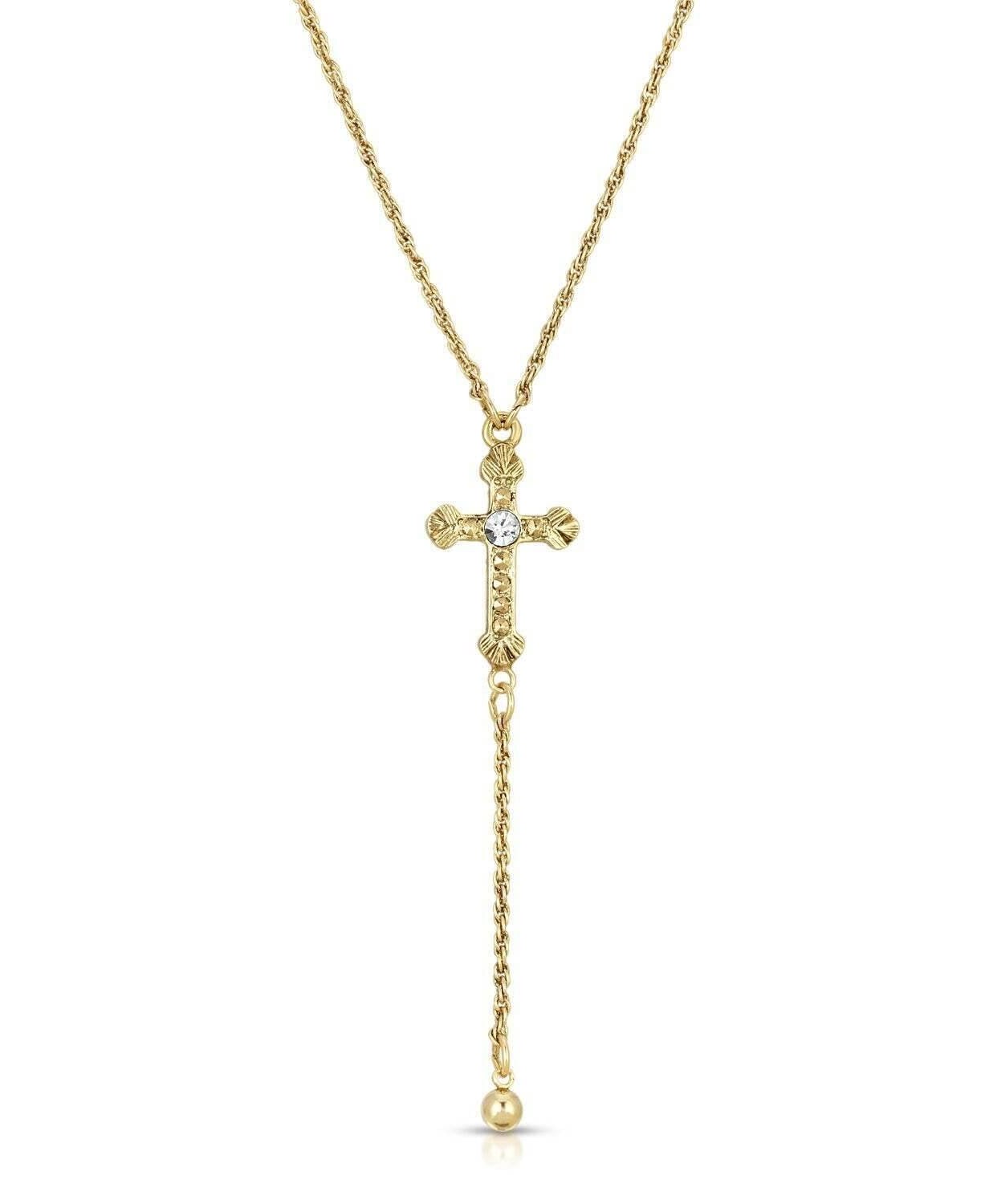 1928 Jewelry Gold Cross Round Clear Crystal Y-Necklace 15" + 3" Extender