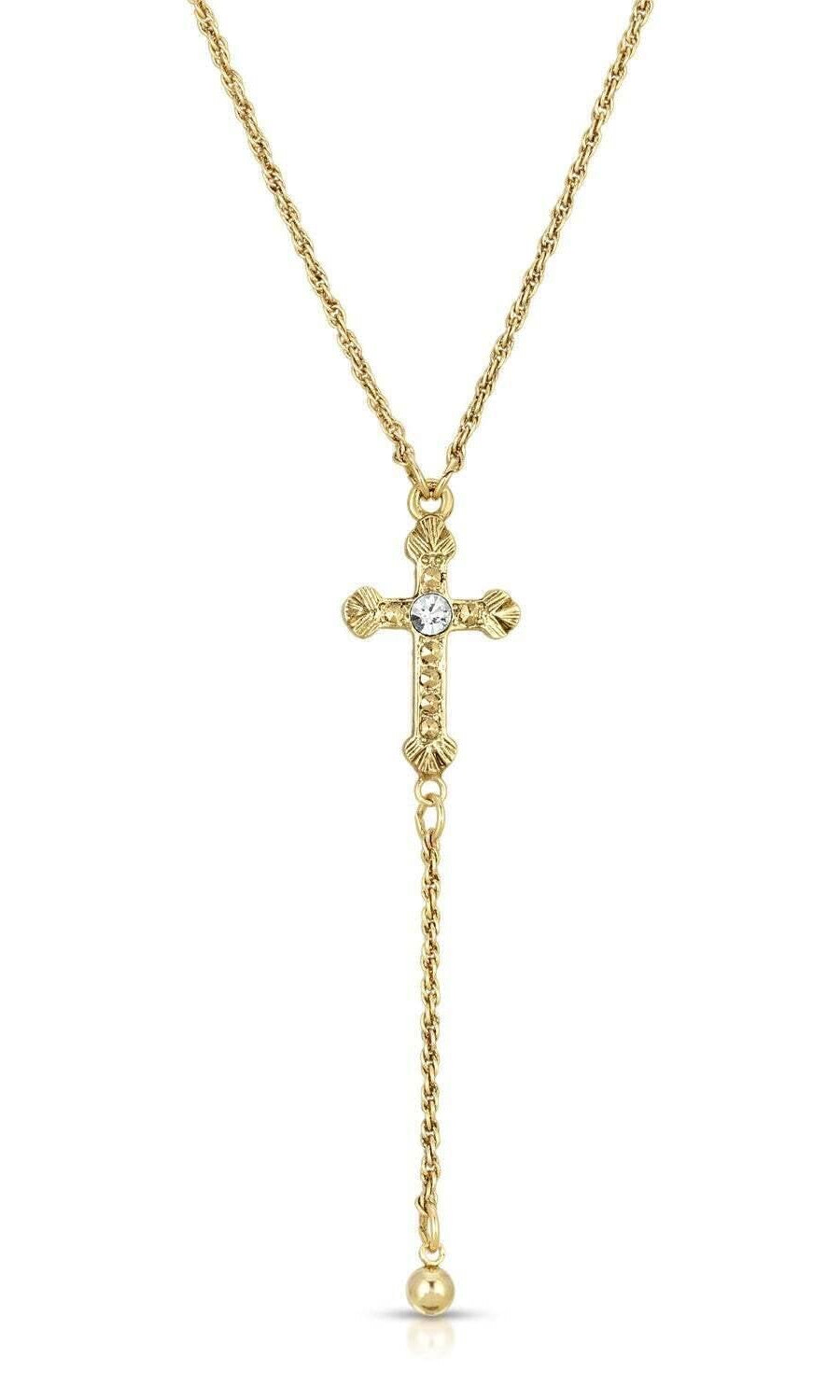 1928 Jewelry Gold Cross Round Clear Crystal Y-Necklace 15" + 3" Extender