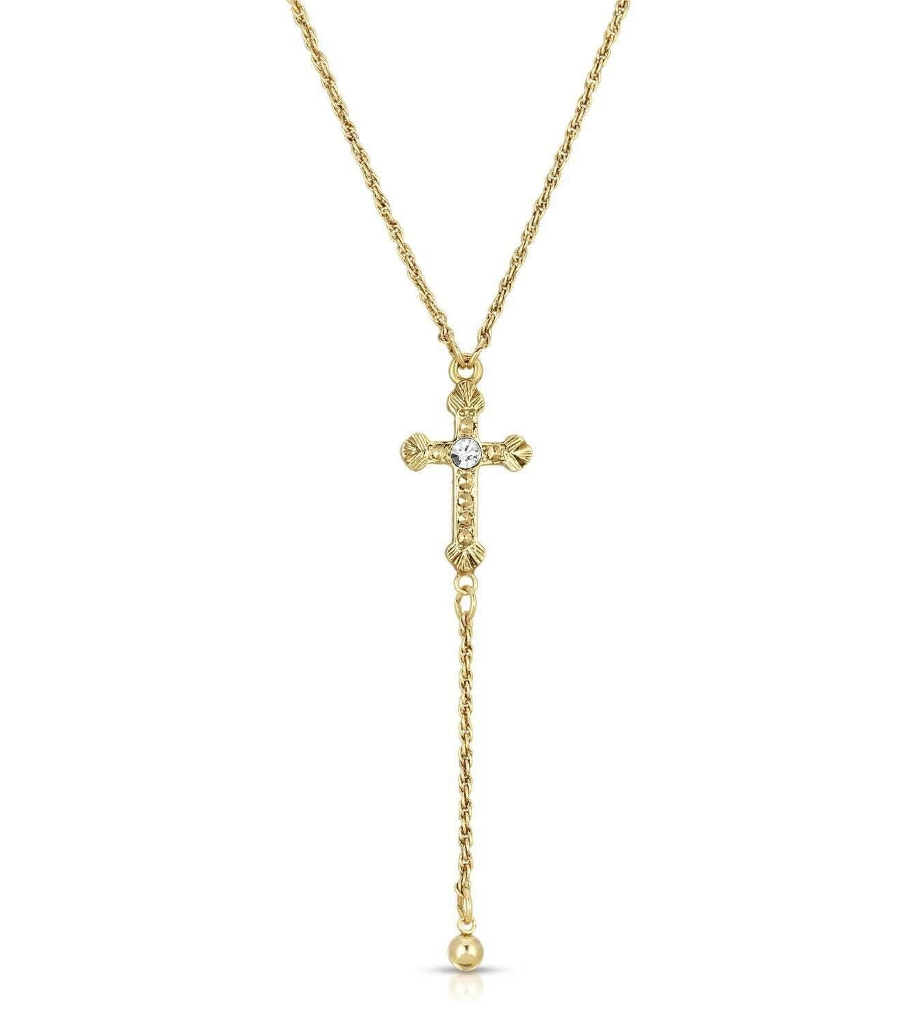 1928 Jewelry Gold Cross Round Clear Crystal Y-Necklace 15" + 3" Extender
