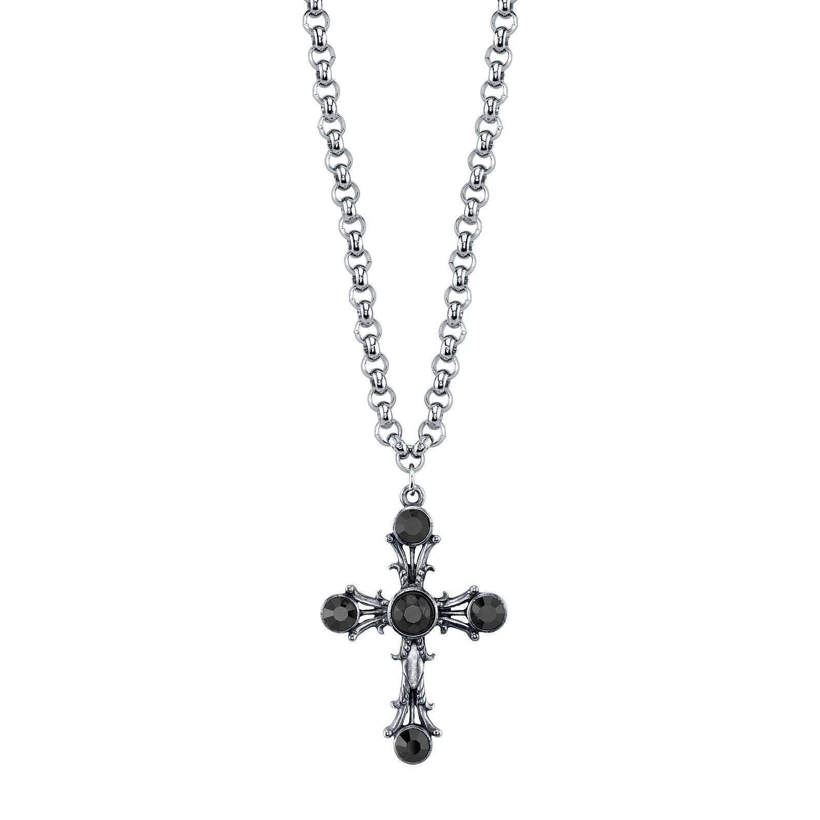 1928 Jewelry Black Stone Cross Pendant Necklace 16" + 3" Extender