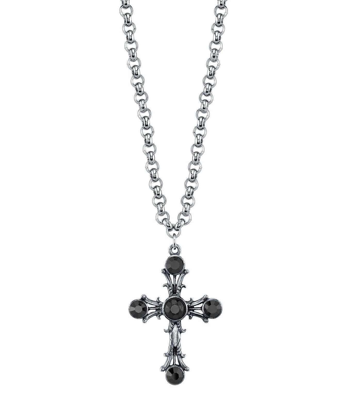 1928 Jewelry Black Stone Cross Pendant Necklace 16" + 3" Extender
