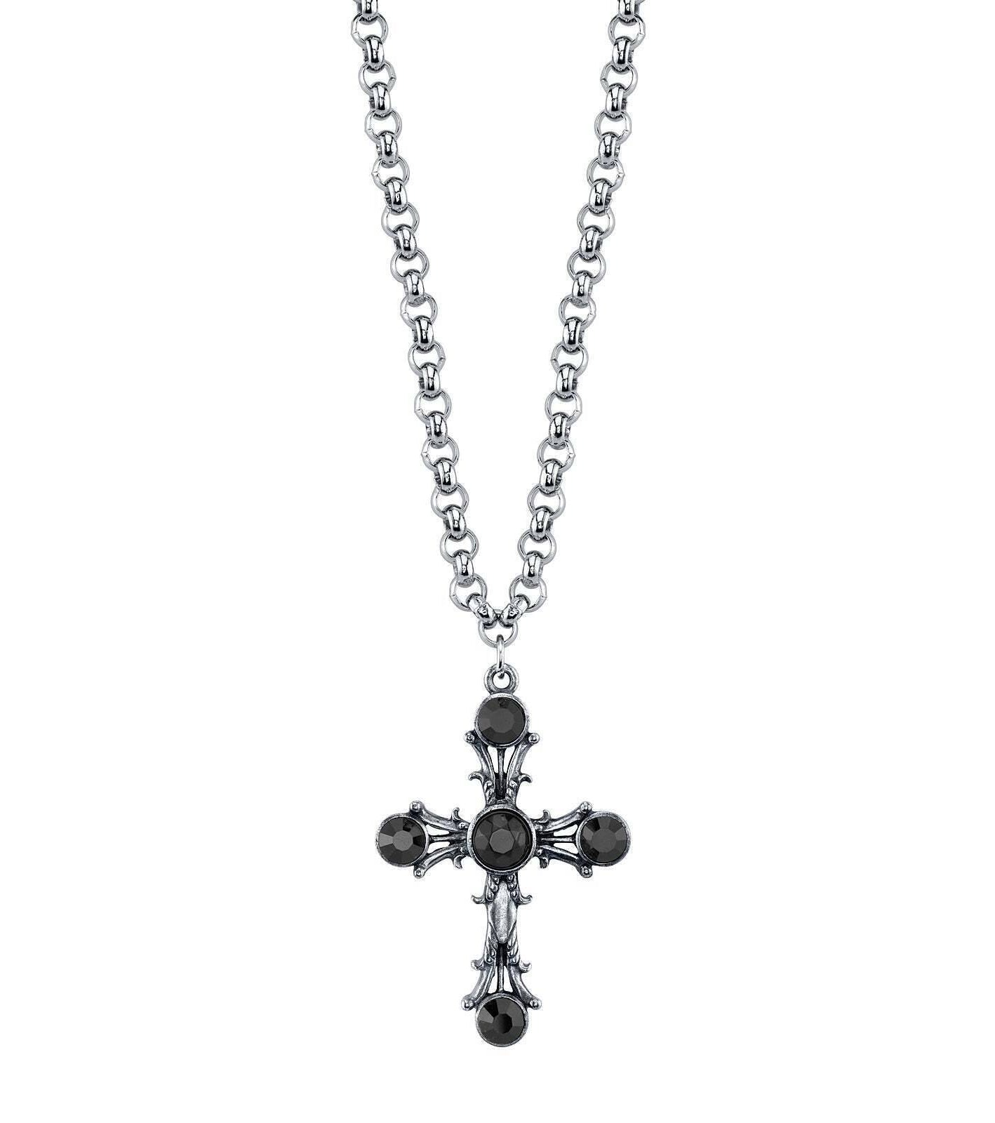 1928 Jewelry Black Stone Cross Pendant Necklace 16" + 3" Extender