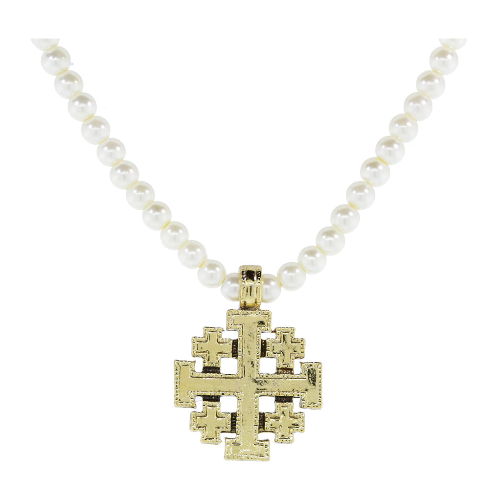 Jerusalem Cross Pendant 4mm Faux Pearl Necklace 15" + 3" Extender