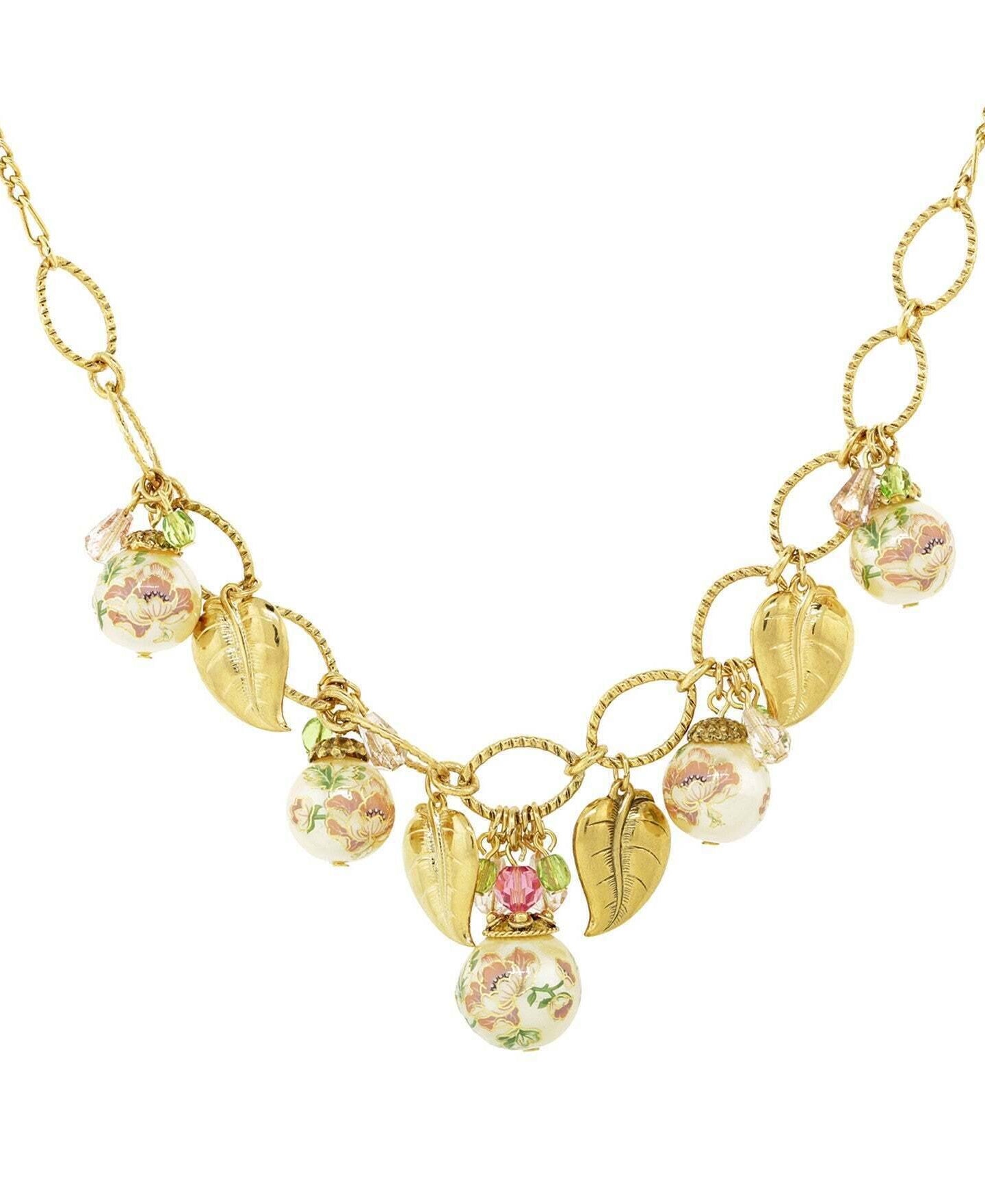 1928 Jewelry Flower Decal Faux Pearl With Gold Leaf Necklace 16" + 3" Extender