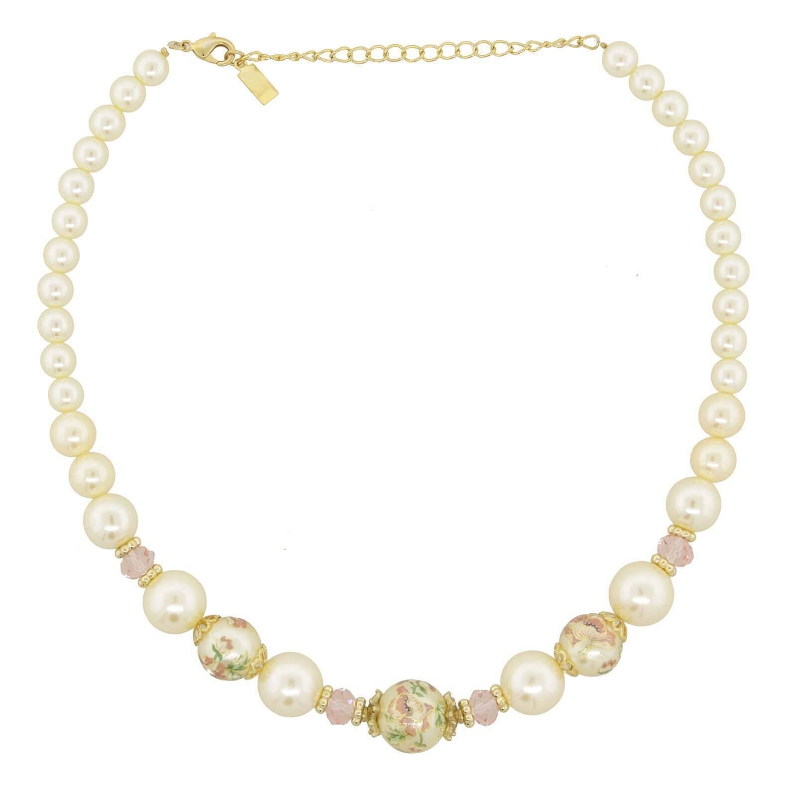 1928 Jewelry Flower Decal Faux Pearl Strand Necklace 16" + 3" Extender