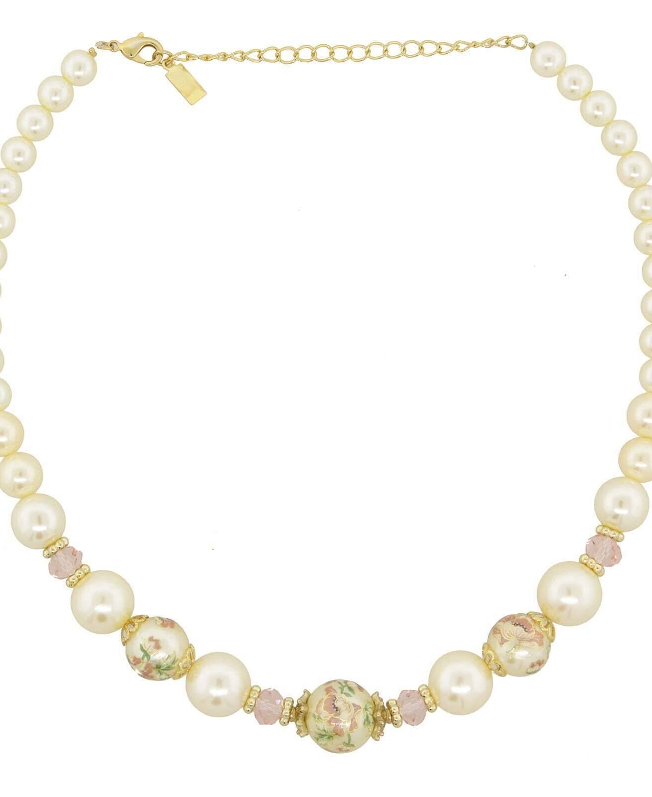 1928 Jewelry Flower Decal Faux Pearl Strand Necklace 16" + 3" Extender