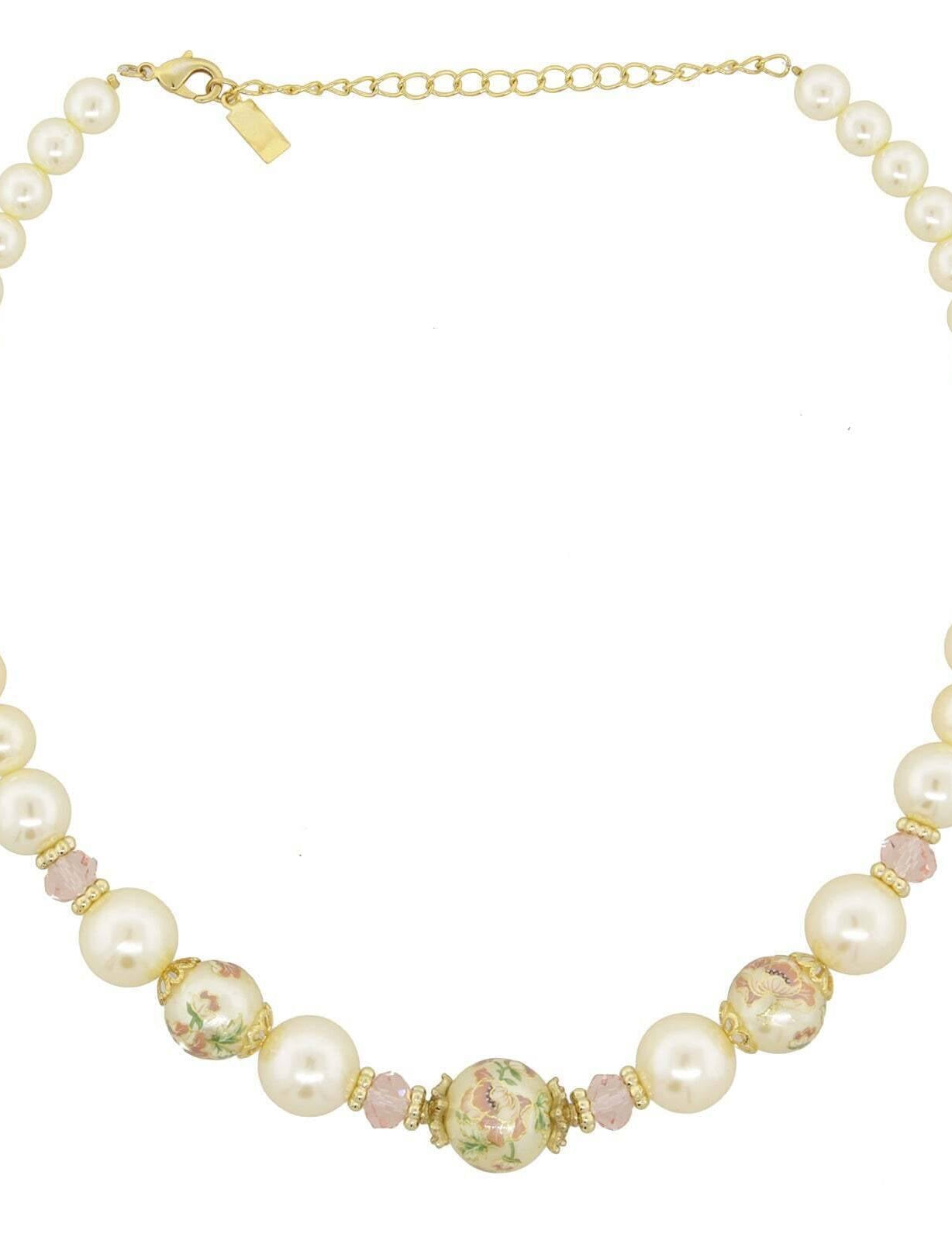 1928 Jewelry Flower Decal Faux Pearl Strand Necklace 16" + 3" Extender