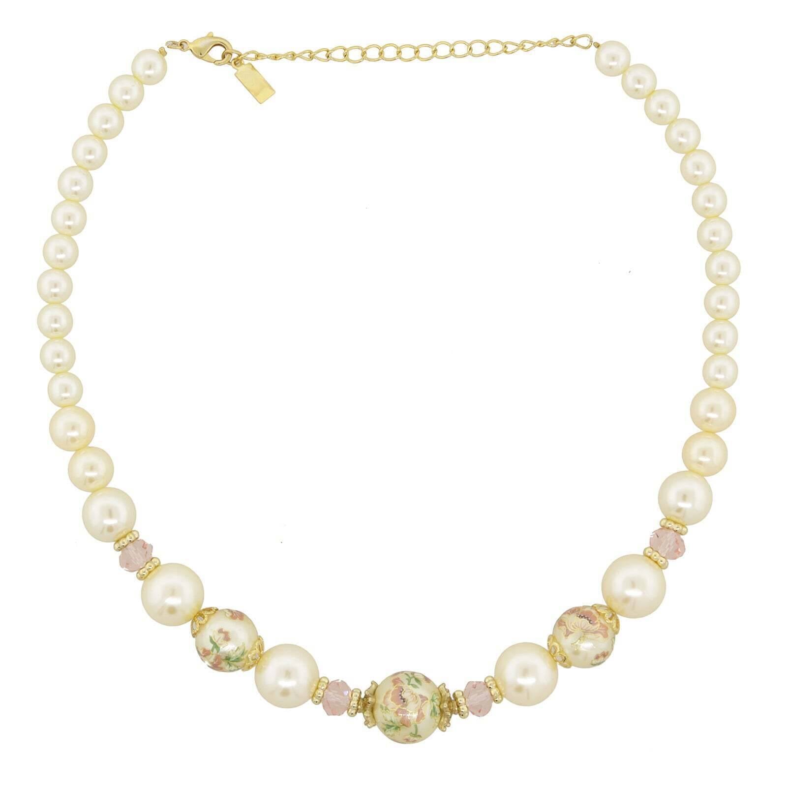 1928 Jewelry Flower Decal Faux Pearl Strand Necklace 16" + 3" Extender