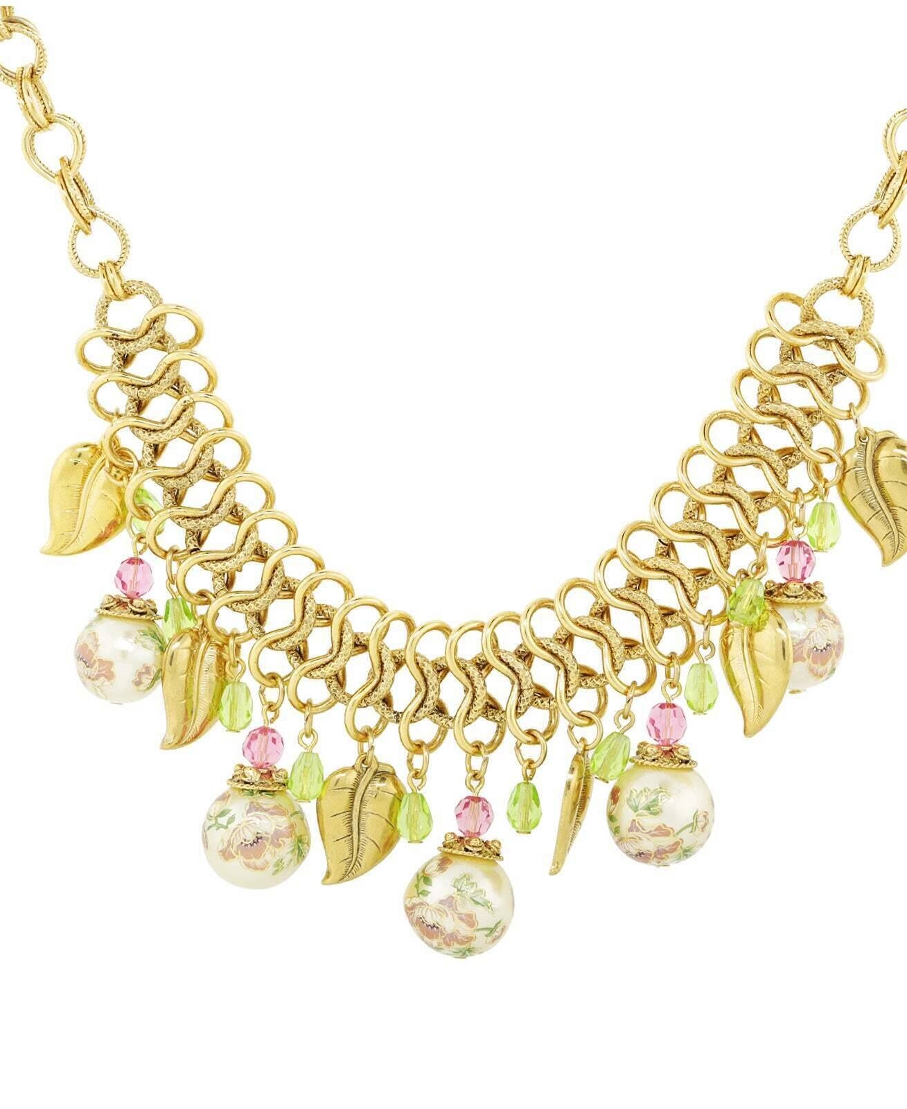 1928 Jewelry Flower Decal Faux Pearl Leaf Beaded Necklace 16" + 3" Extender