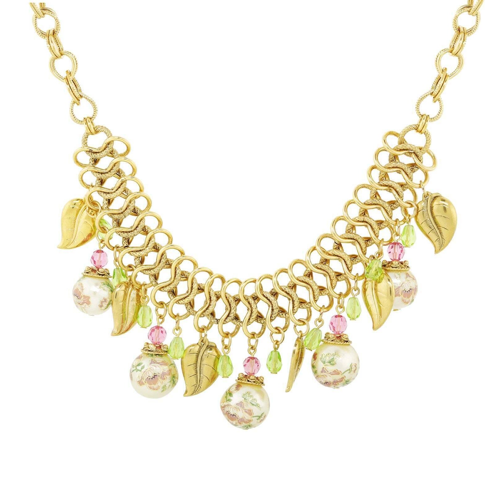 1928 Jewelry Flower Decal Faux Pearl Leaf Beaded Necklace 16" + 3" Extender